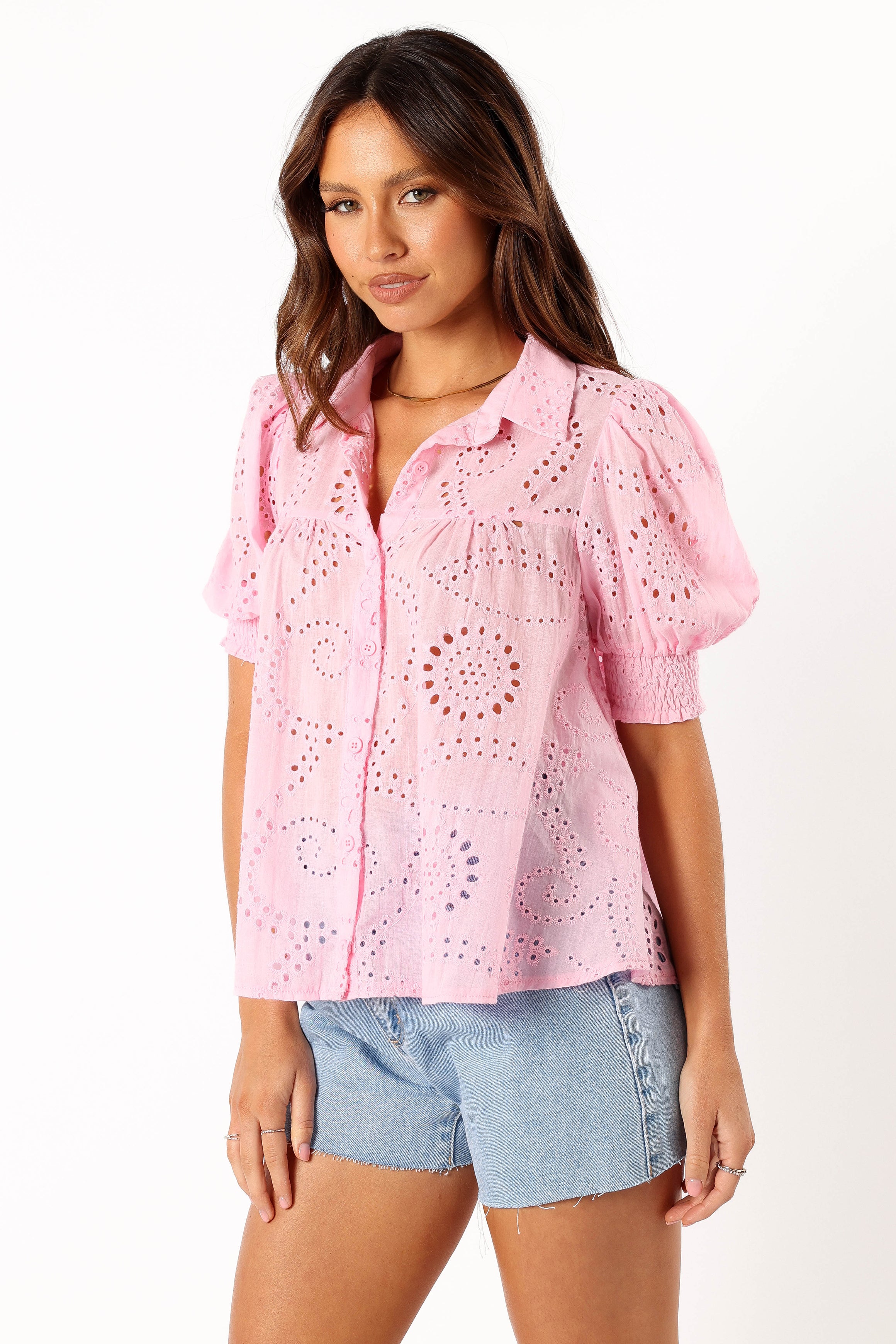 Women's Pink V-Neck Cotton Blouse with Collar & Shirred Cuffs - Janelle Top