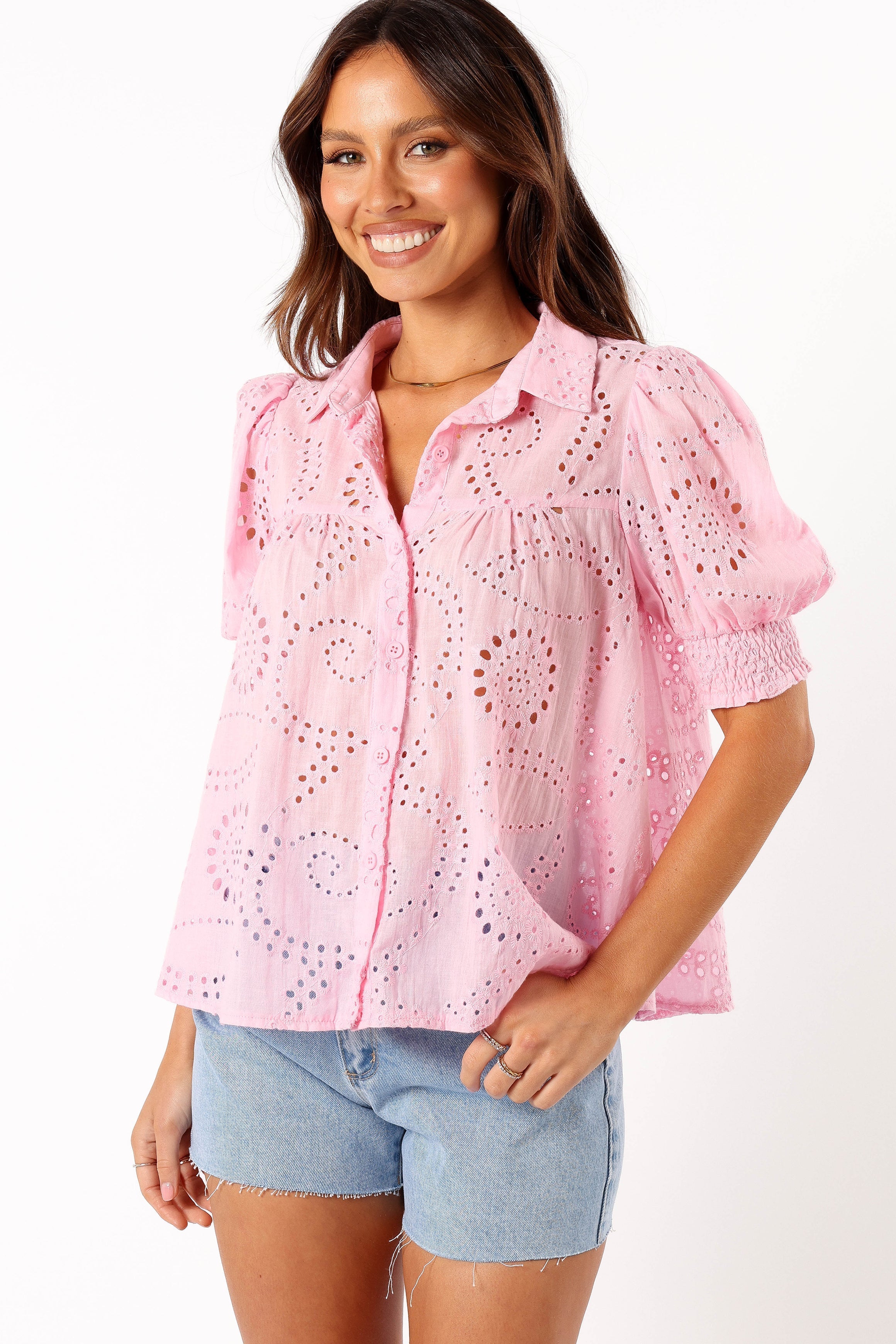 Women's Pink V-Neck Cotton Blouse with Collar & Shirred Cuffs - Janelle Top