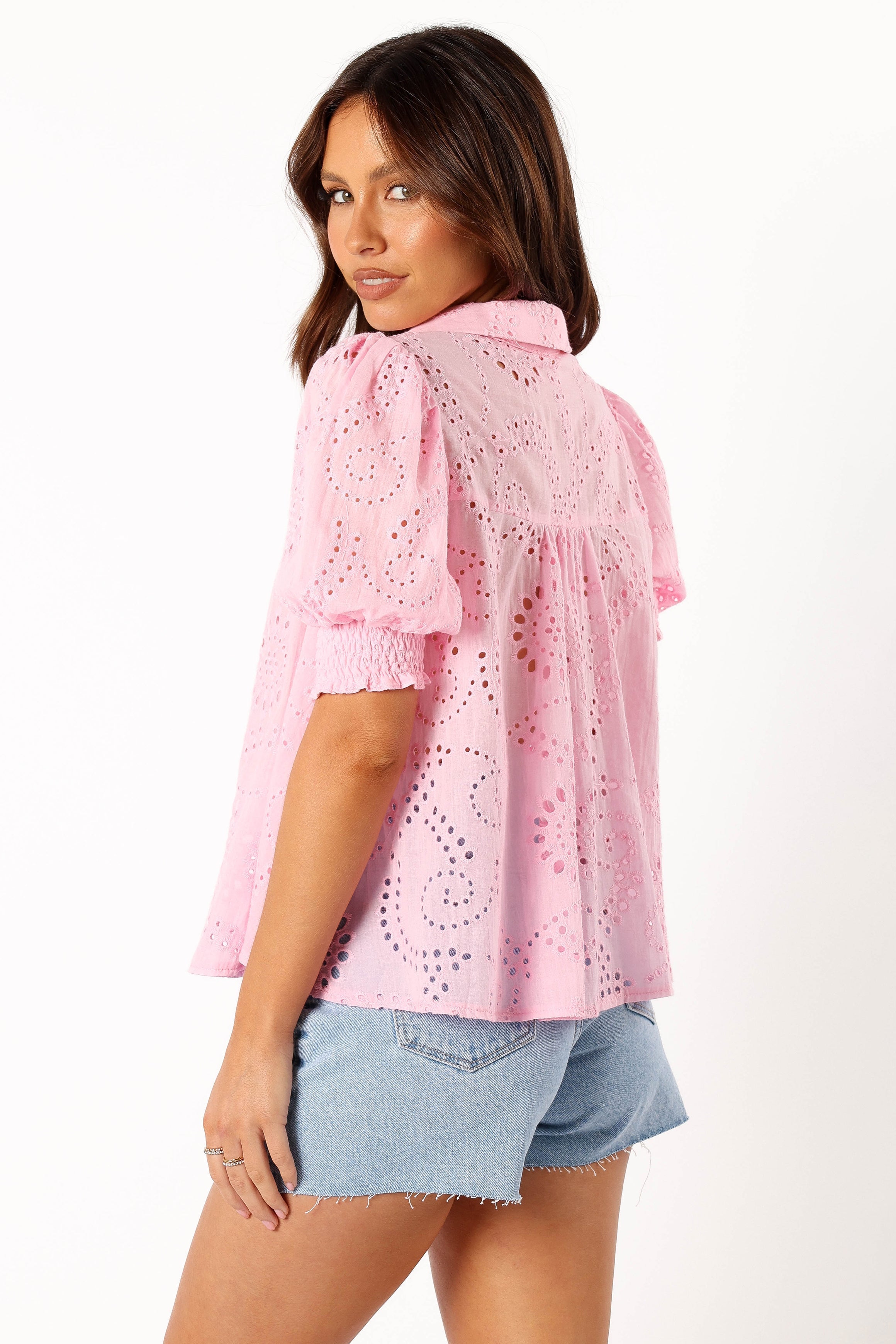 Women's Pink V-Neck Cotton Blouse with Collar & Shirred Cuffs - Janelle Top