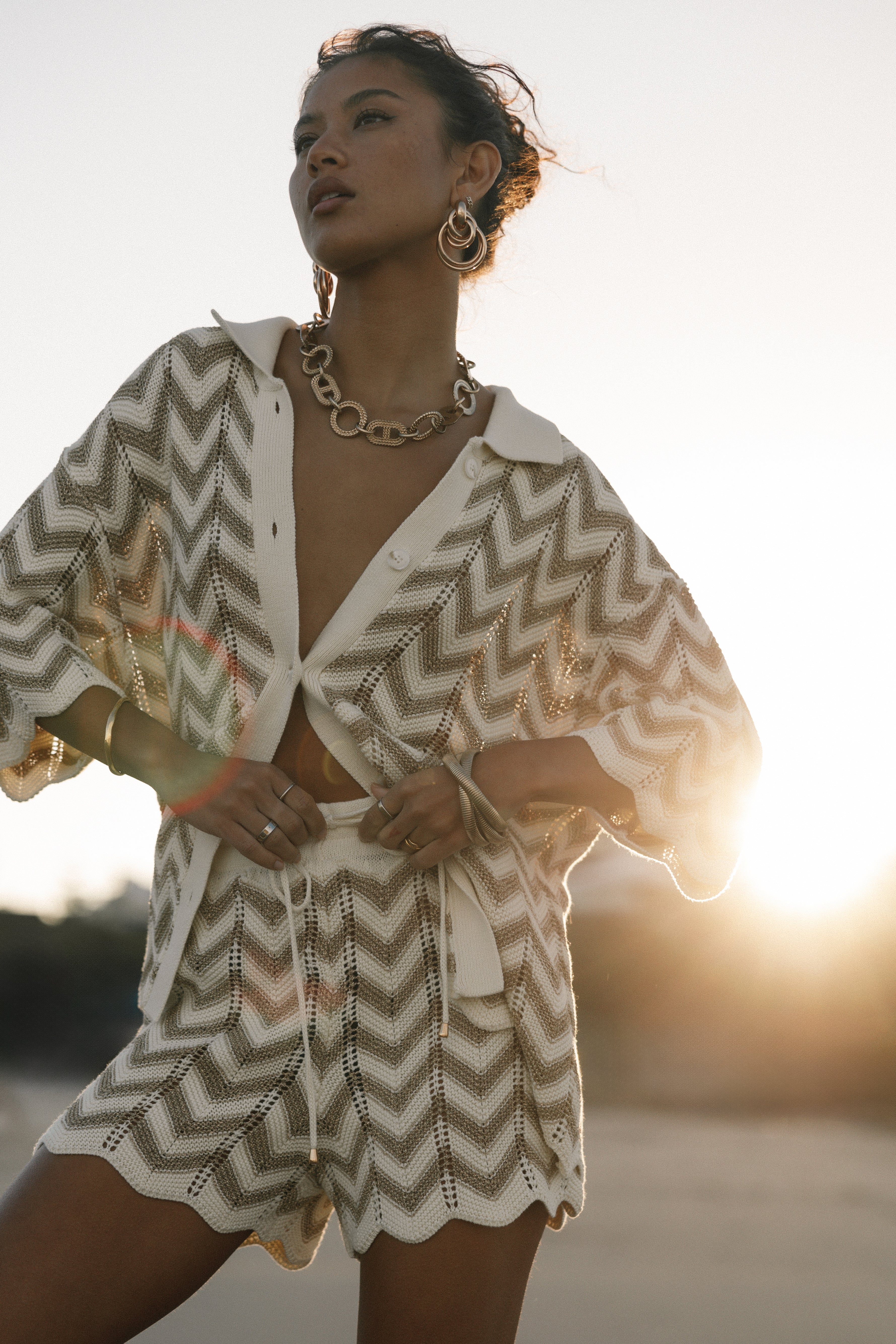 Gold White Striped V-Neck Knit Shirt - Cotton Metallic Blend