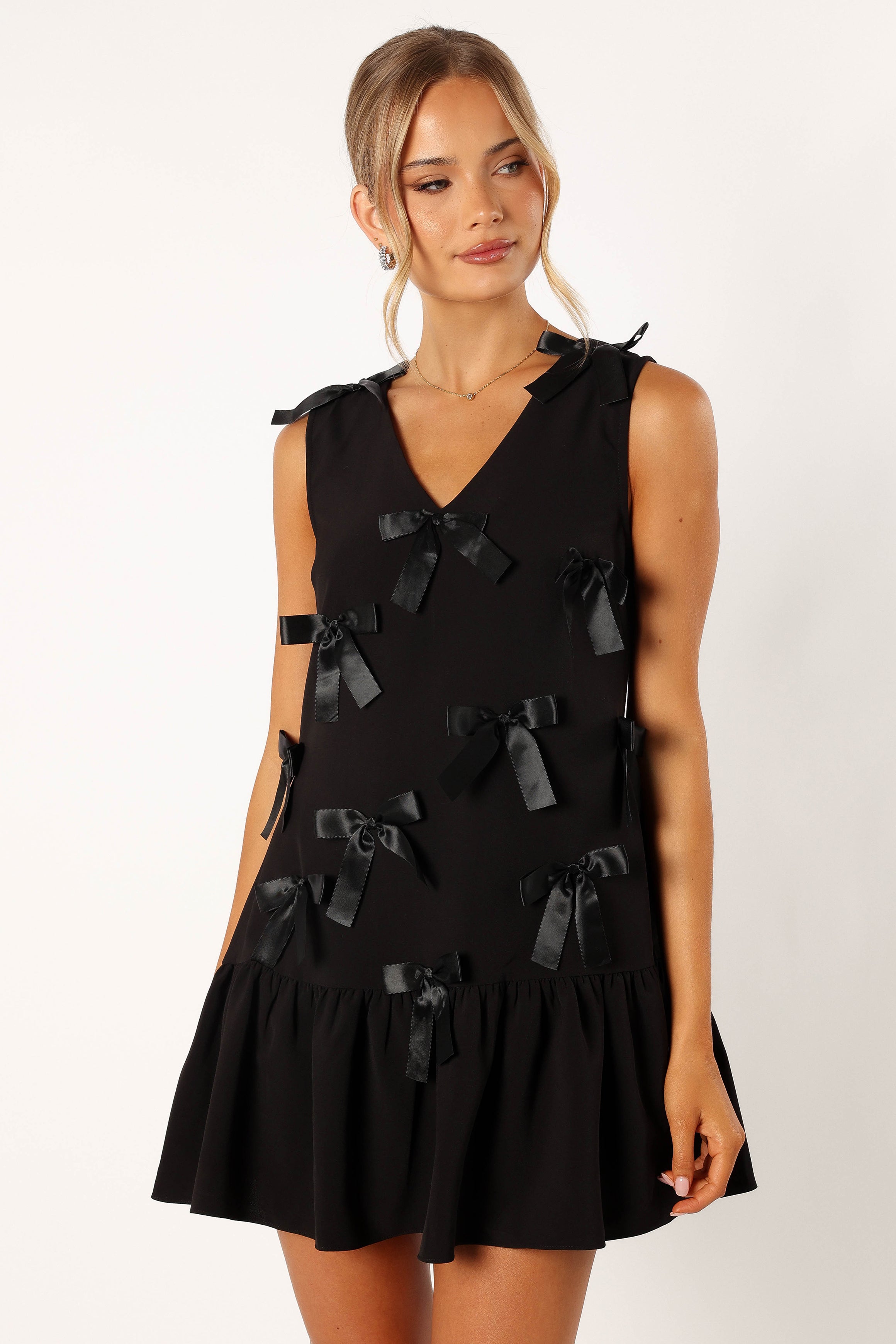 Black Juniper Mini Dress with V Neckline & Bow Details