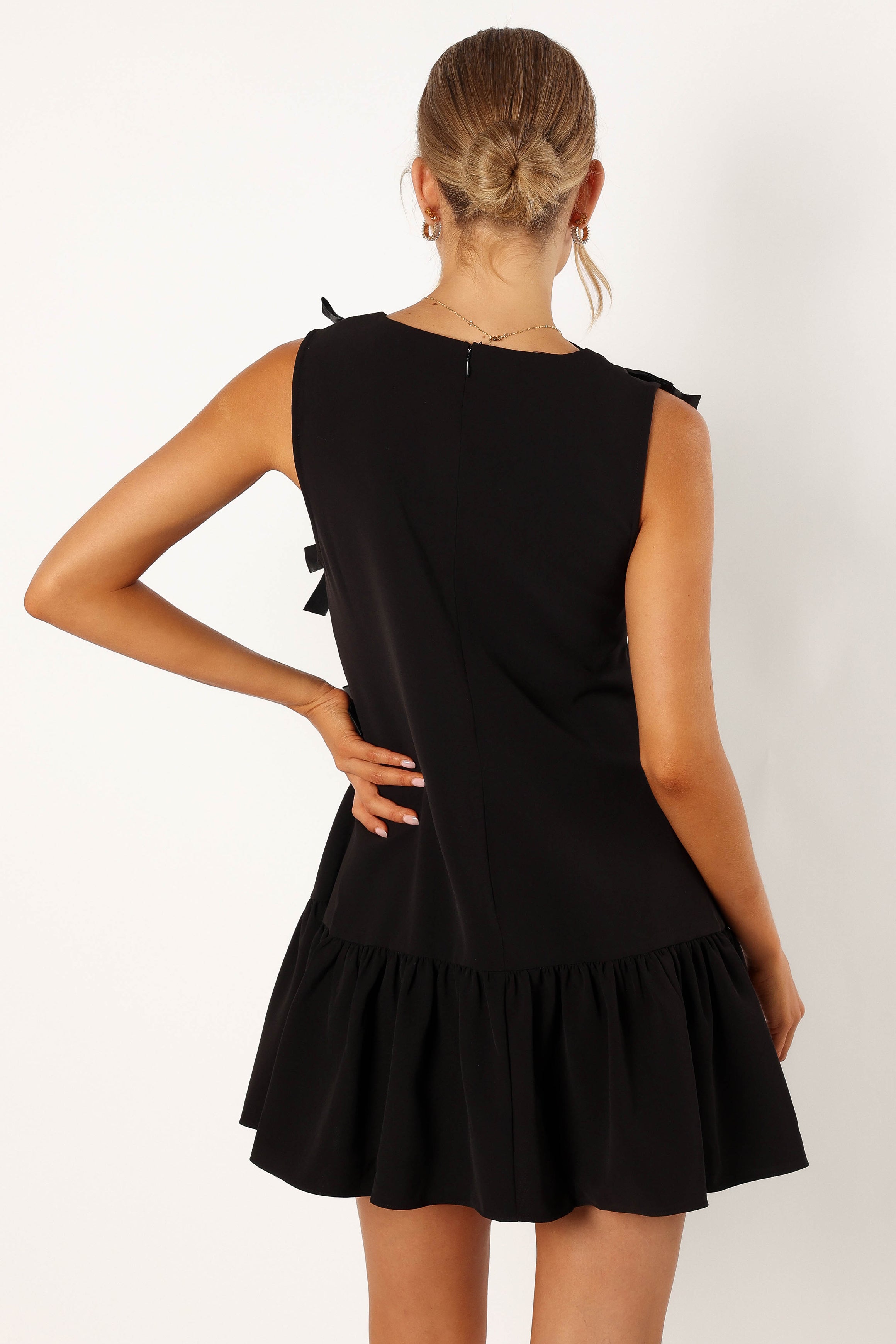 Black Juniper Mini Dress with V Neckline & Bow Details