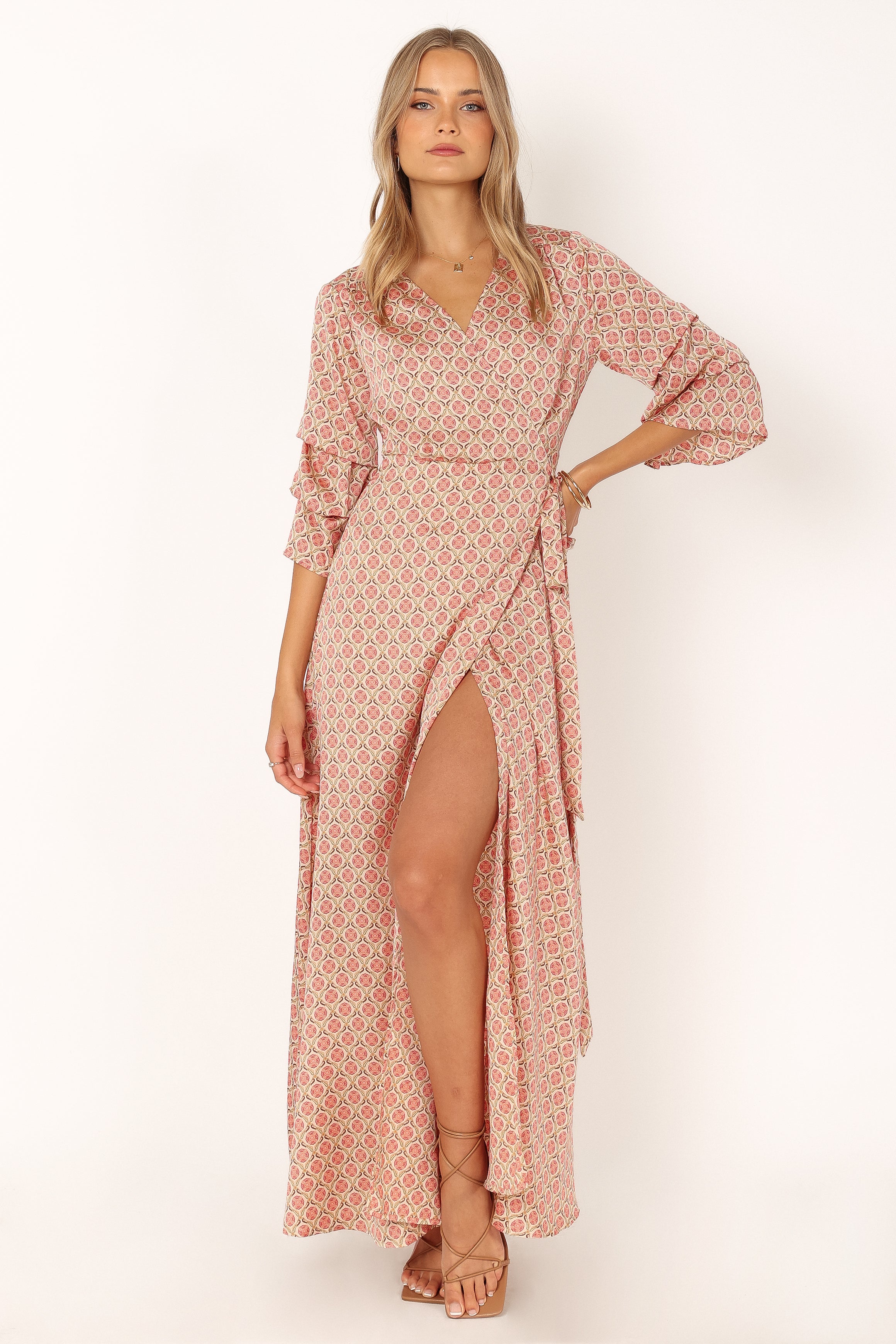 Orange Print Margot Wrap Maxi Dress – V-Neck Tiered Sleeve