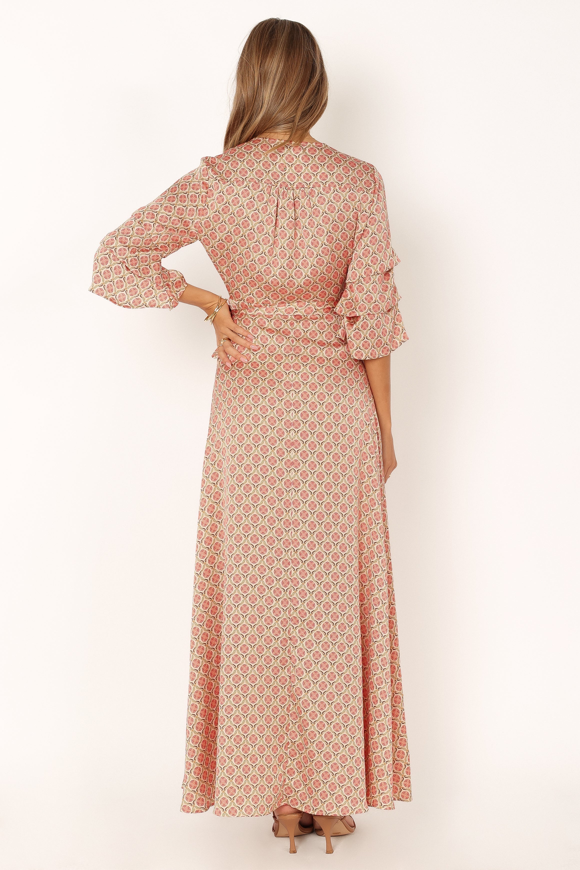 Orange Print Margot Wrap Maxi Dress – V-Neck Tiered Sleeve