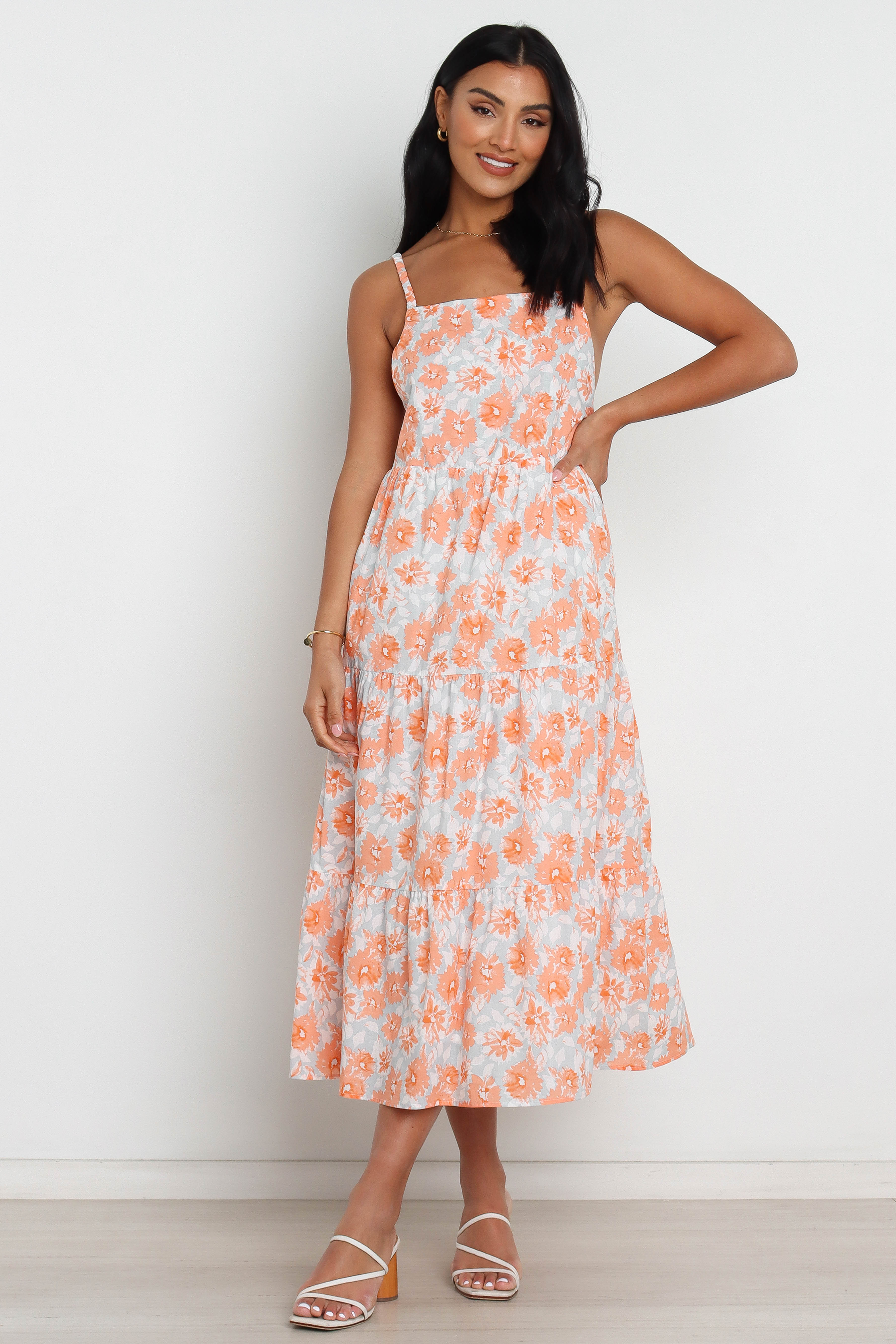 Orange Floral Midi Dress with Pockets - Tawo Square Neck Tiered Dress