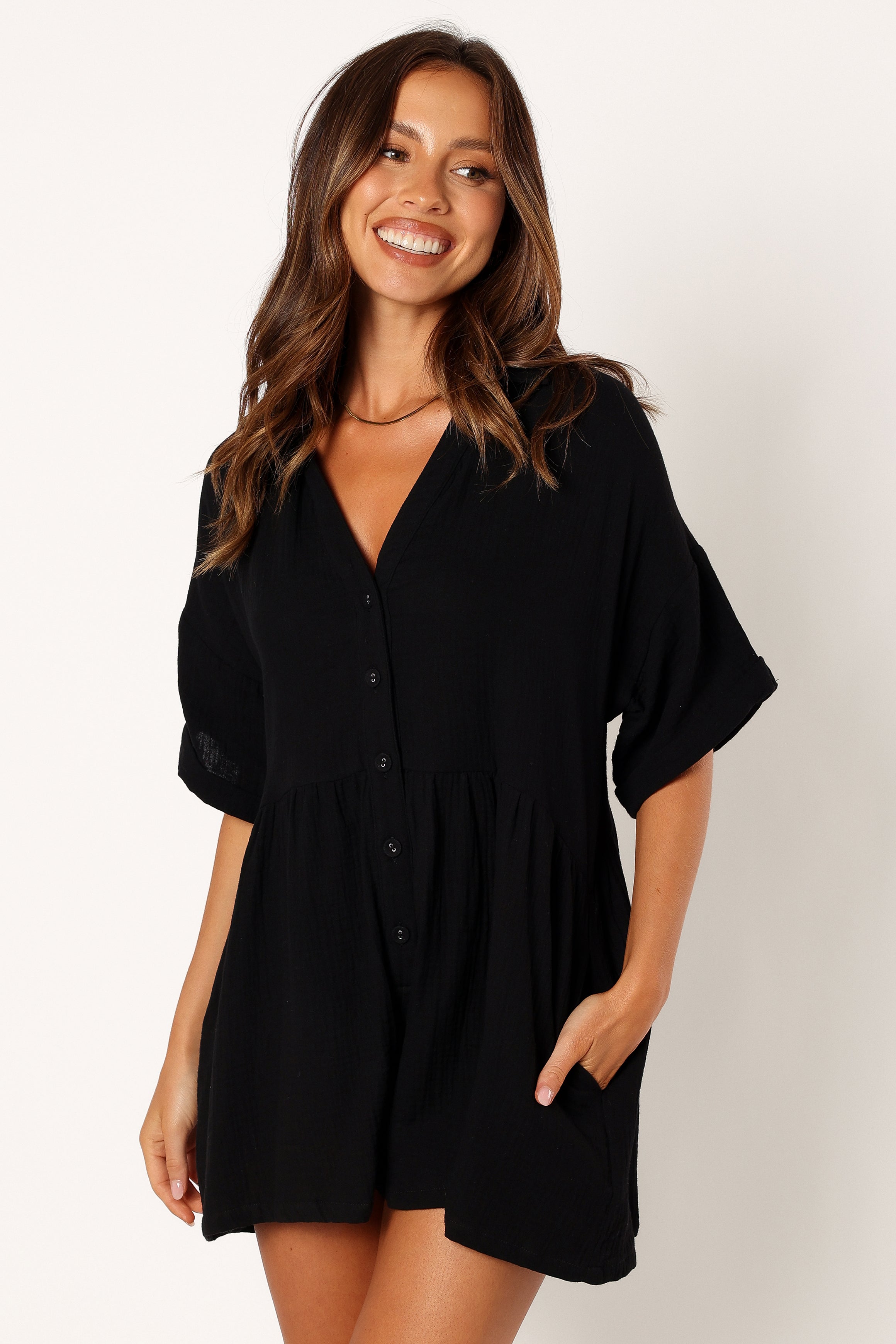 Winny Black Cotton Romper with V-Neck & Pockets