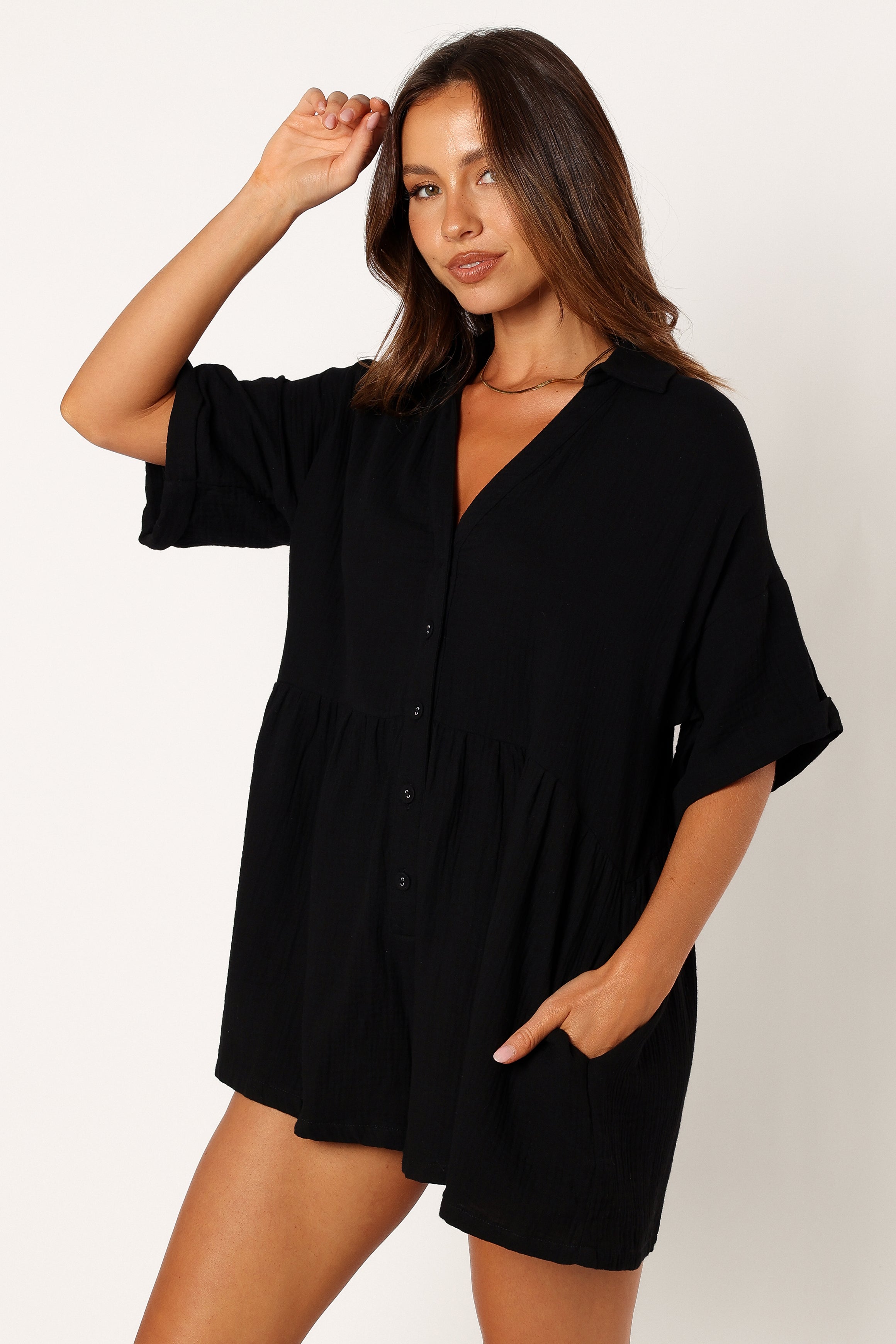 Winny Black Cotton Romper with V-Neck & Pockets