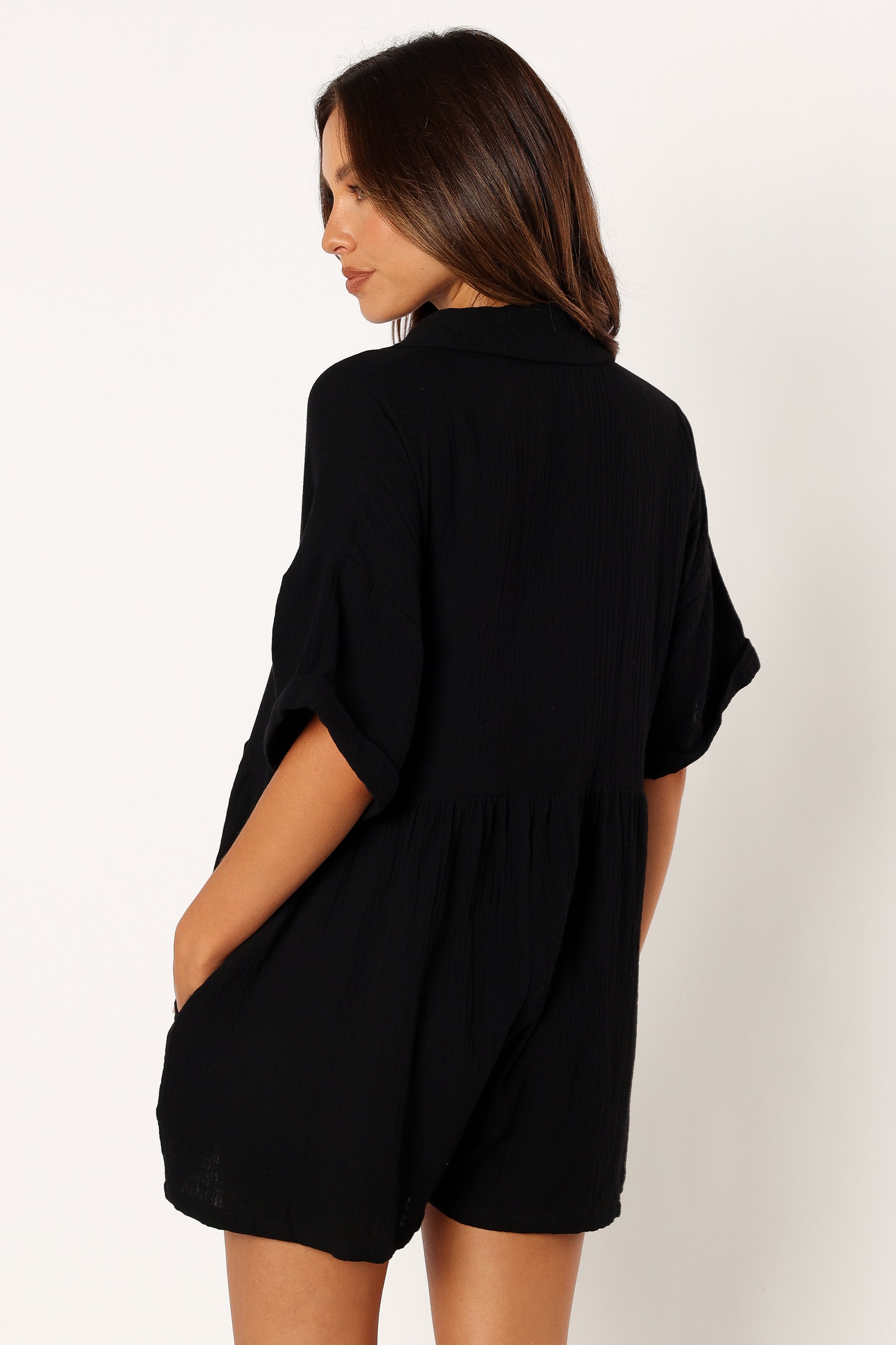 Winny Black Cotton Romper with V-Neck & Pockets
