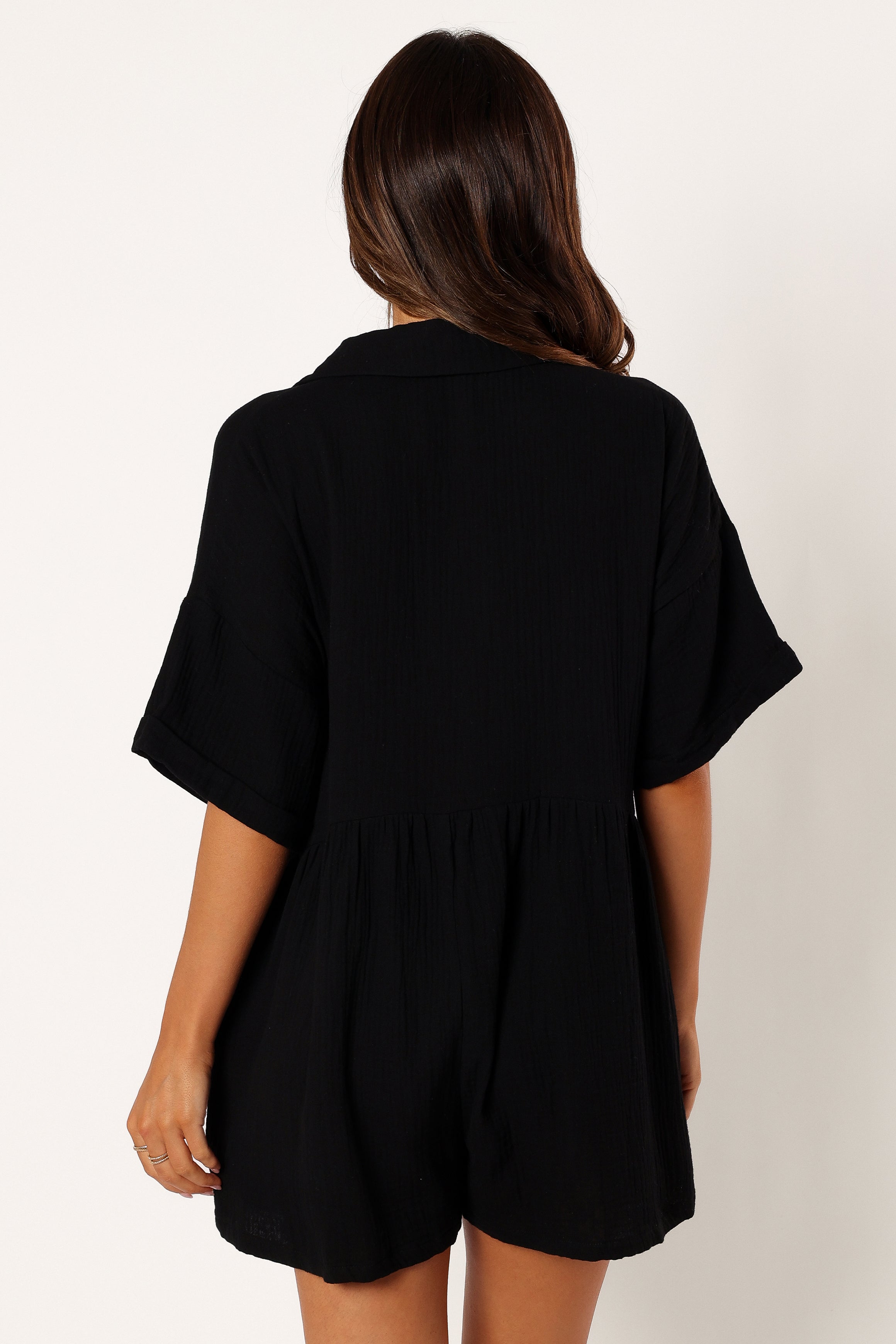 Winny Black Cotton Romper with V-Neck & Pockets