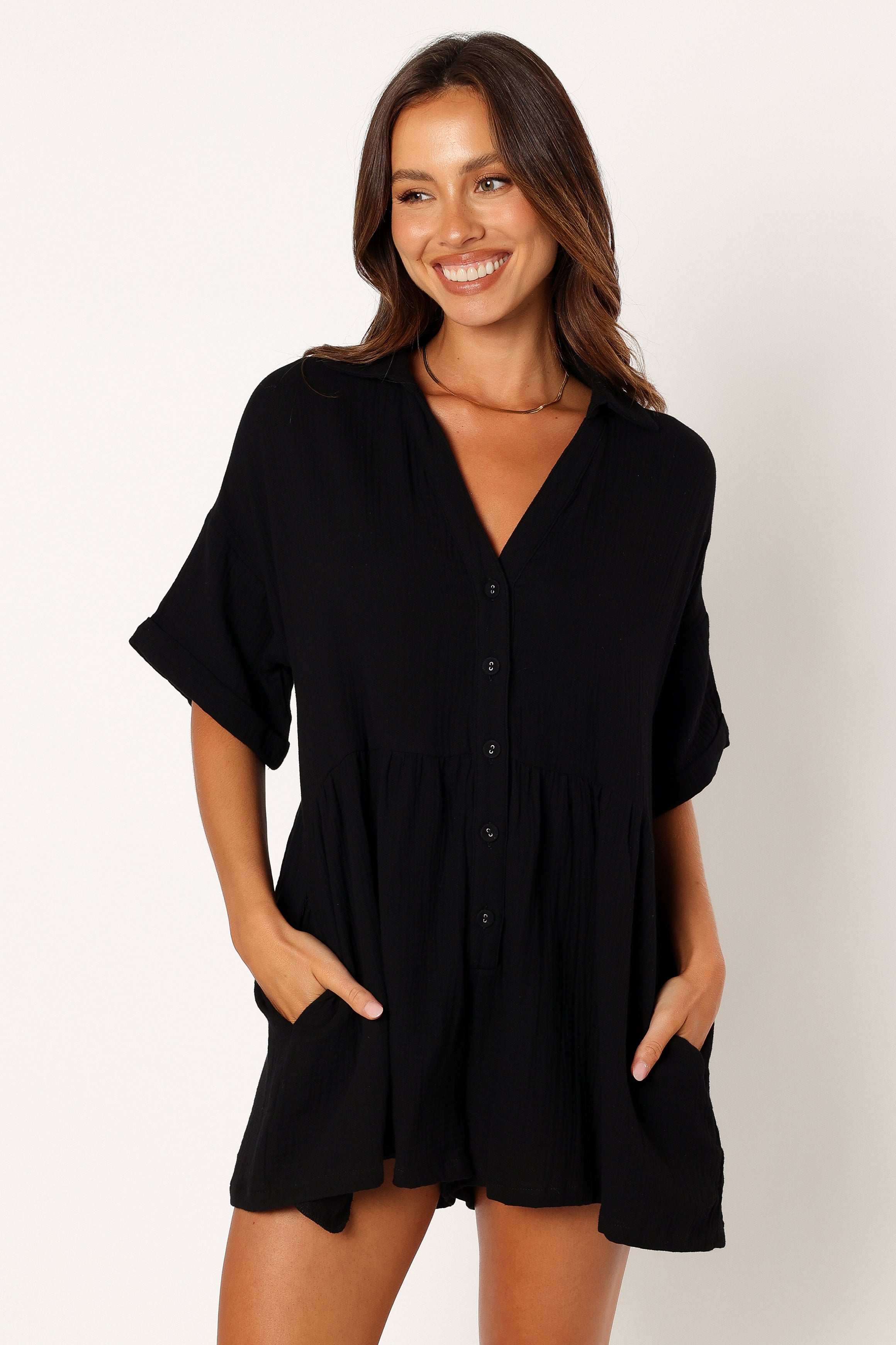 Winny Black Cotton Romper with V-Neck & Pockets