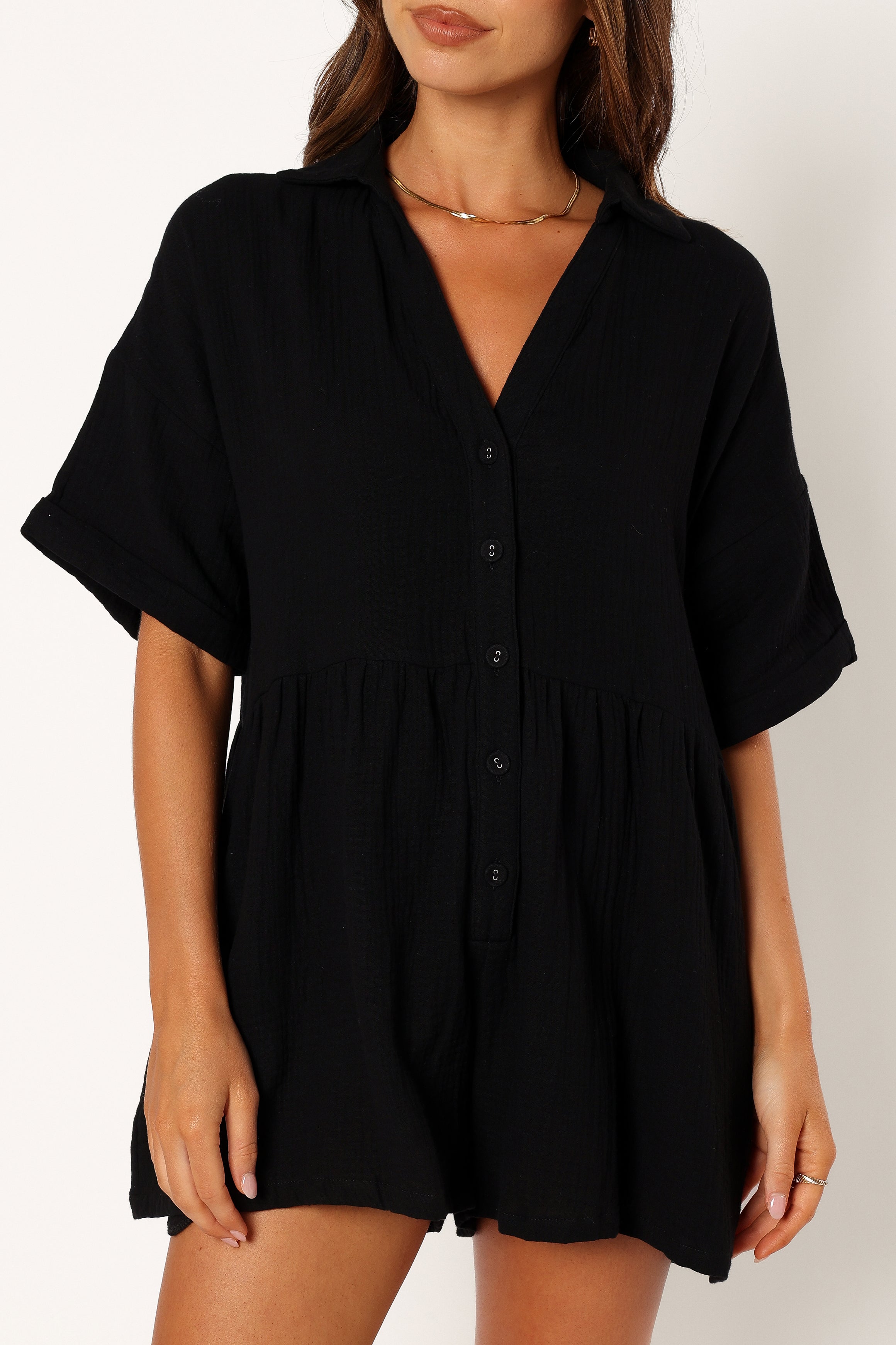 Winny Black Cotton Romper with V-Neck & Pockets