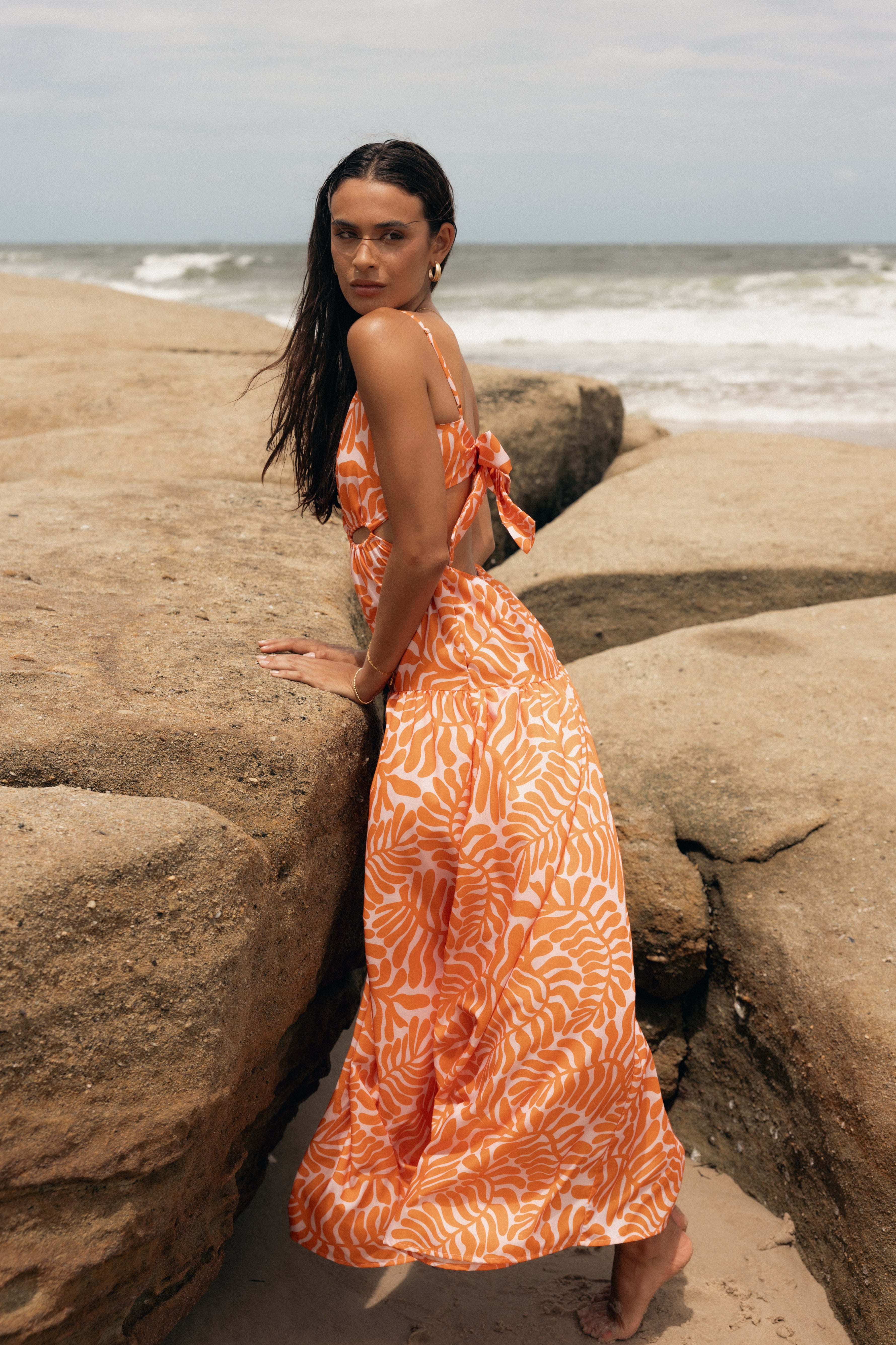 Orange Print Dalton Cut Out Maxi Dress with Back Tie Detail
