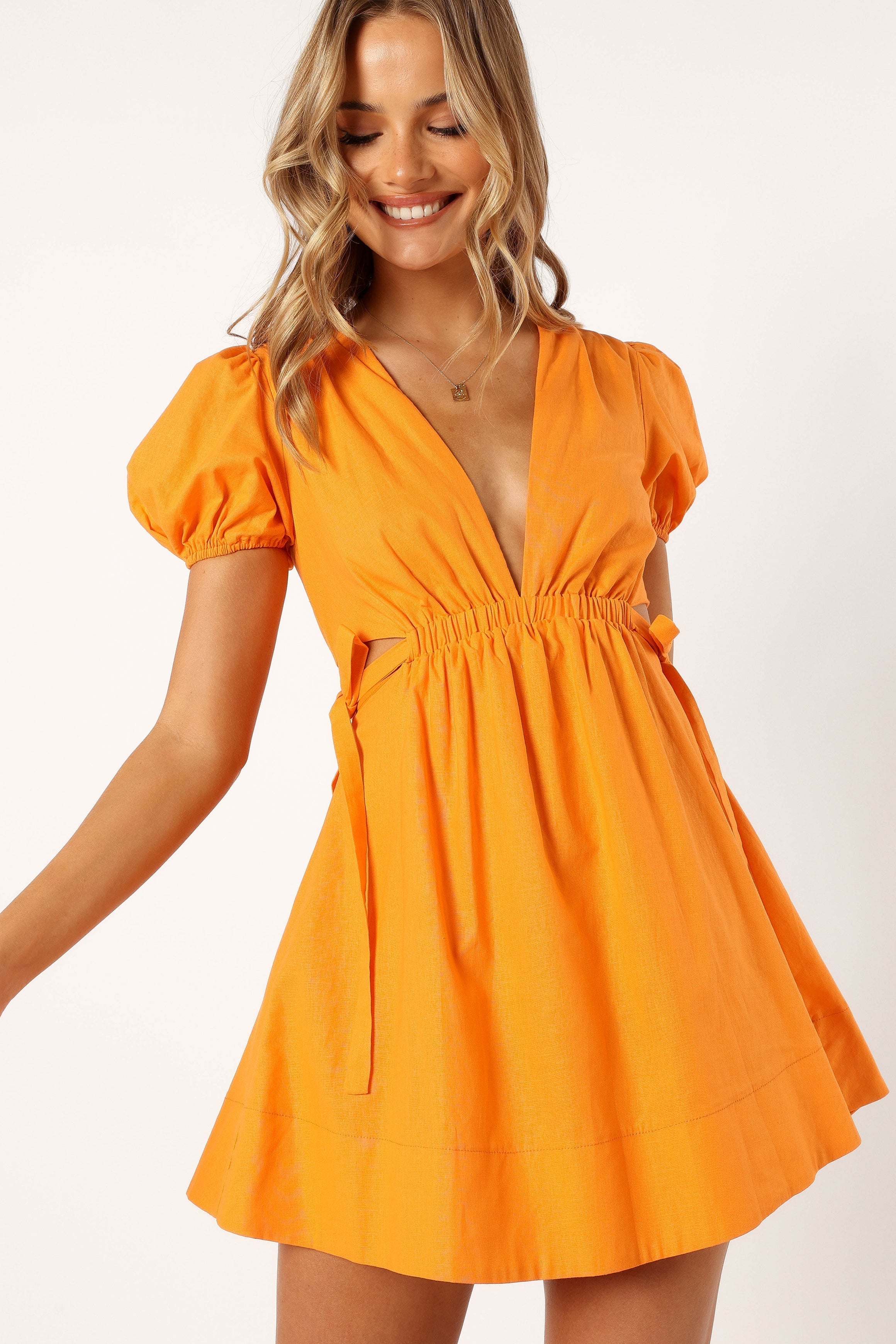 Orange Cut Out Mini Dress - Sachie Women's Short Sleeve V-Neck Dress