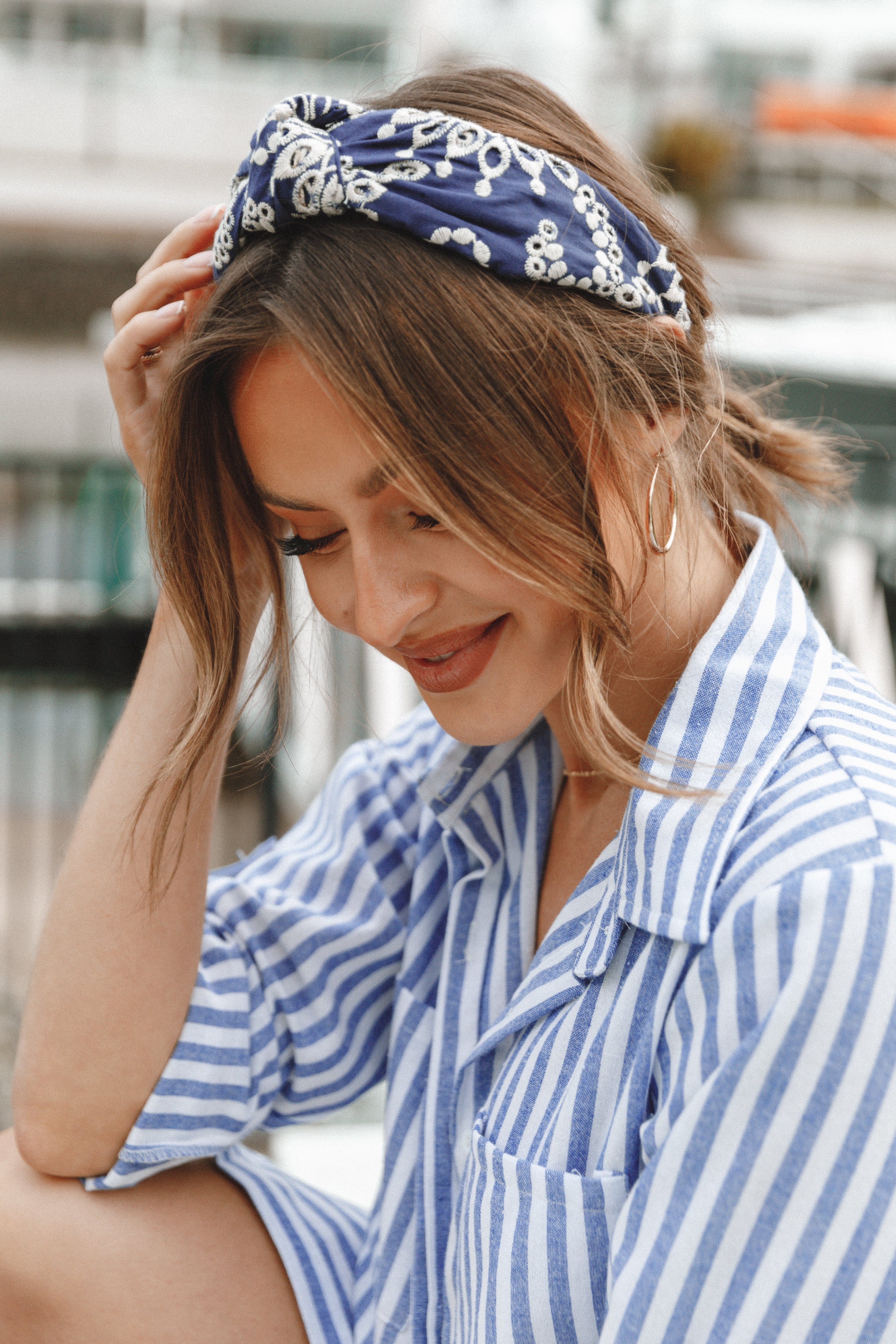 Anika Navy Embroidered Headband with Knot Detail – 100% Polyester