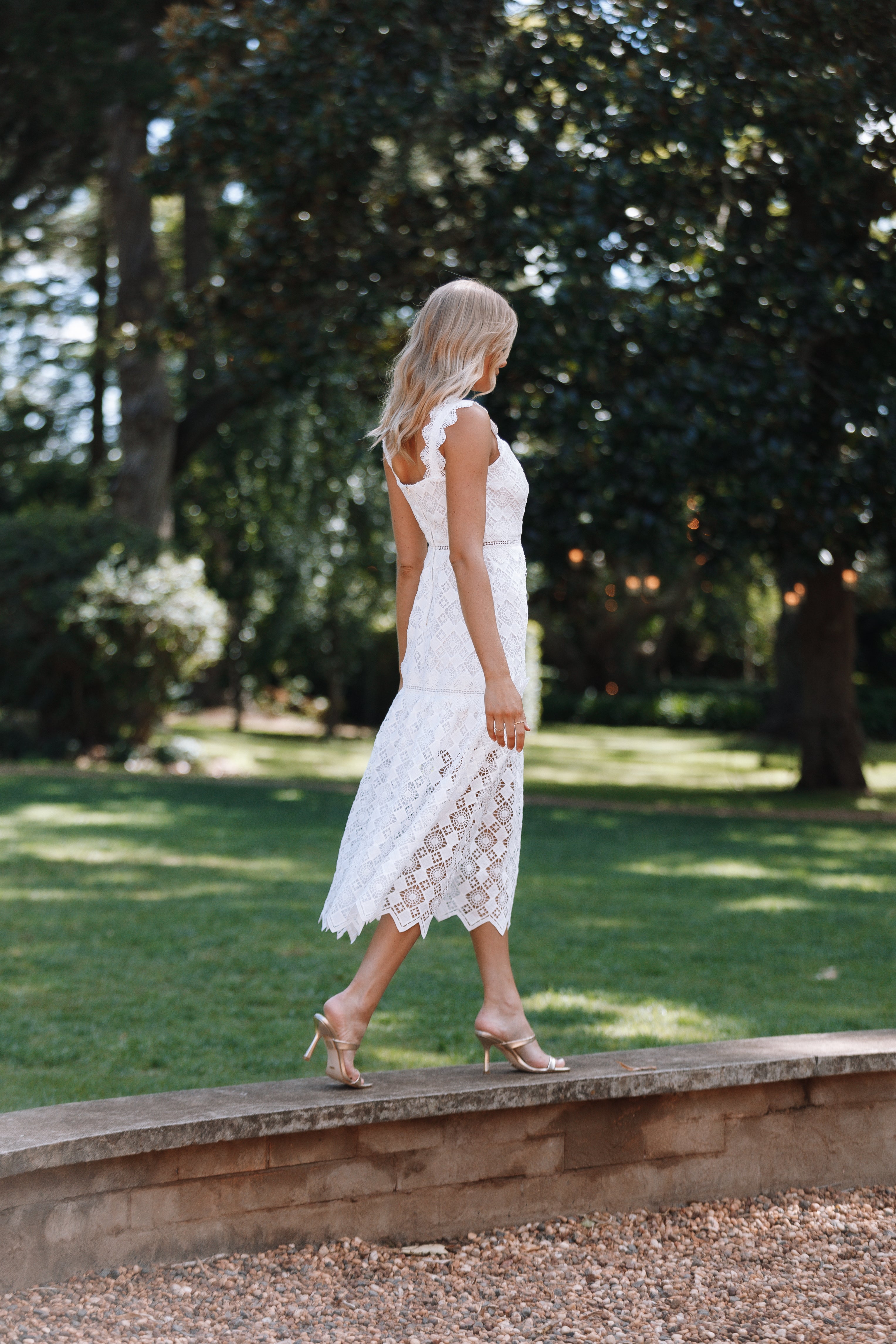 Harper White Lace Midi Dress with Square Neckline