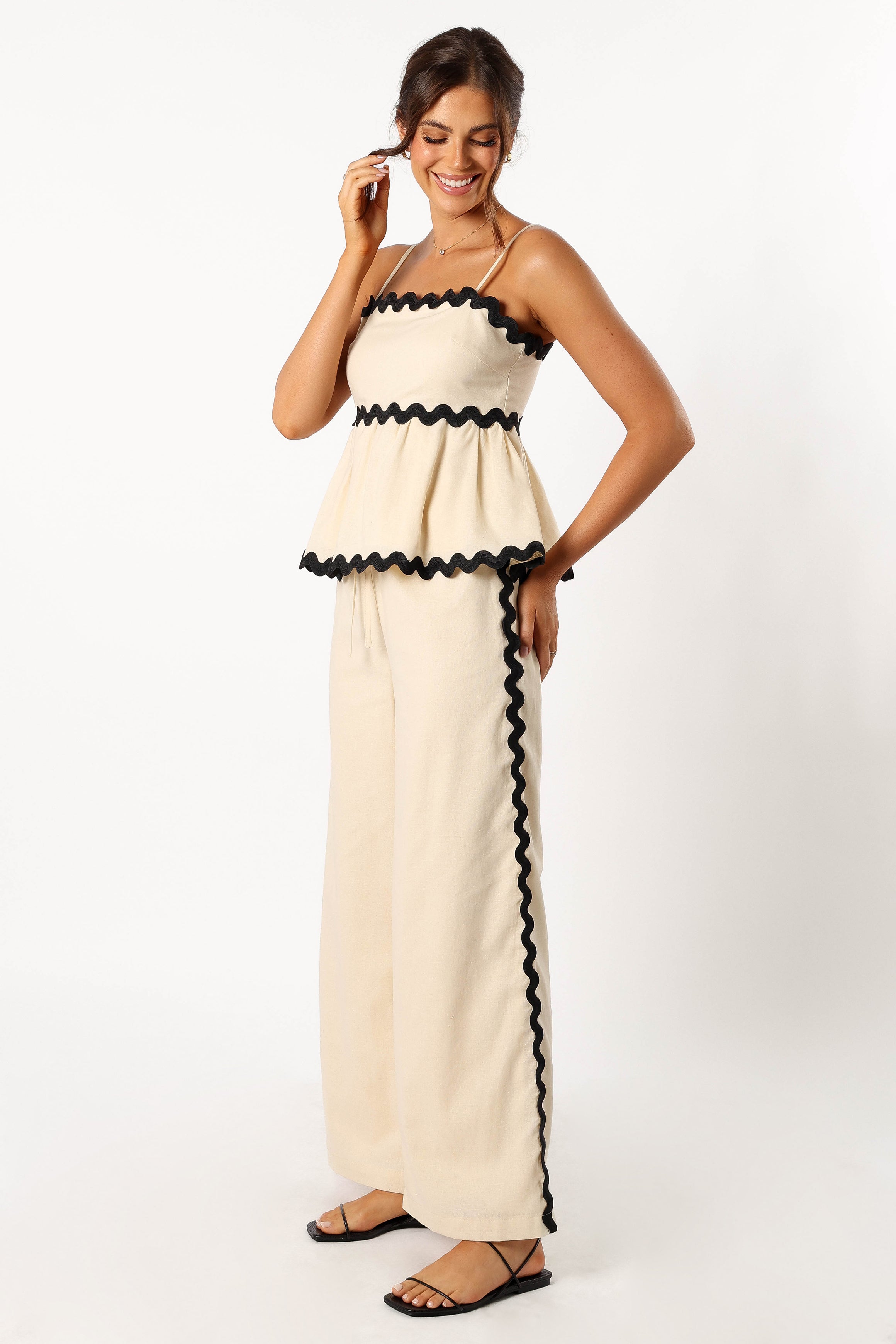 Women's High Waisted Cotton Wide Leg Pants - Mollymook Cream Black