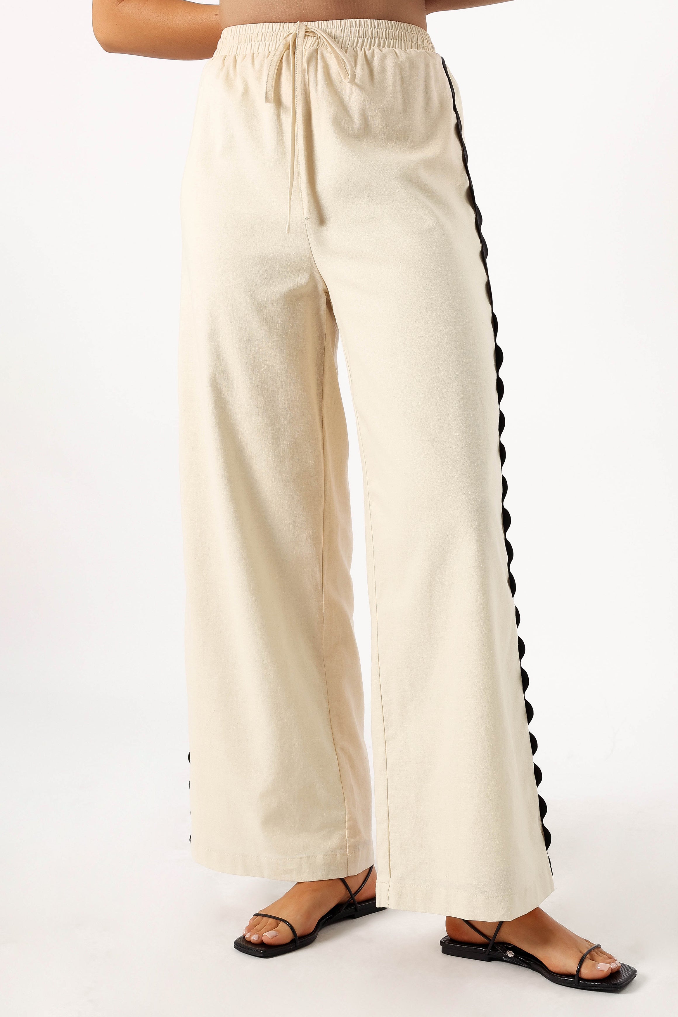 Women's High Waisted Cotton Wide Leg Pants - Mollymook Cream Black