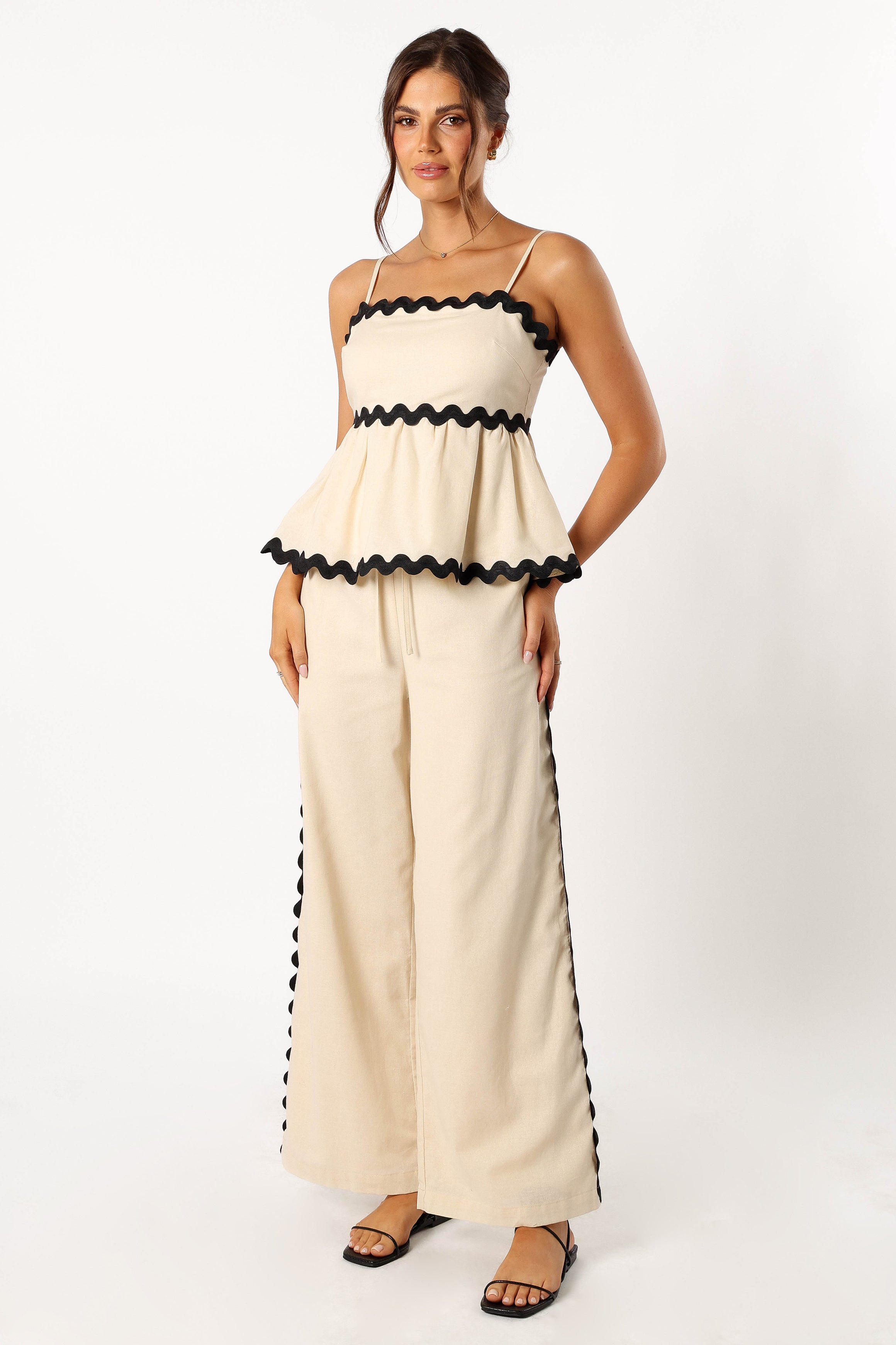 Women's High Waisted Cotton Wide Leg Pants - Mollymook Cream Black