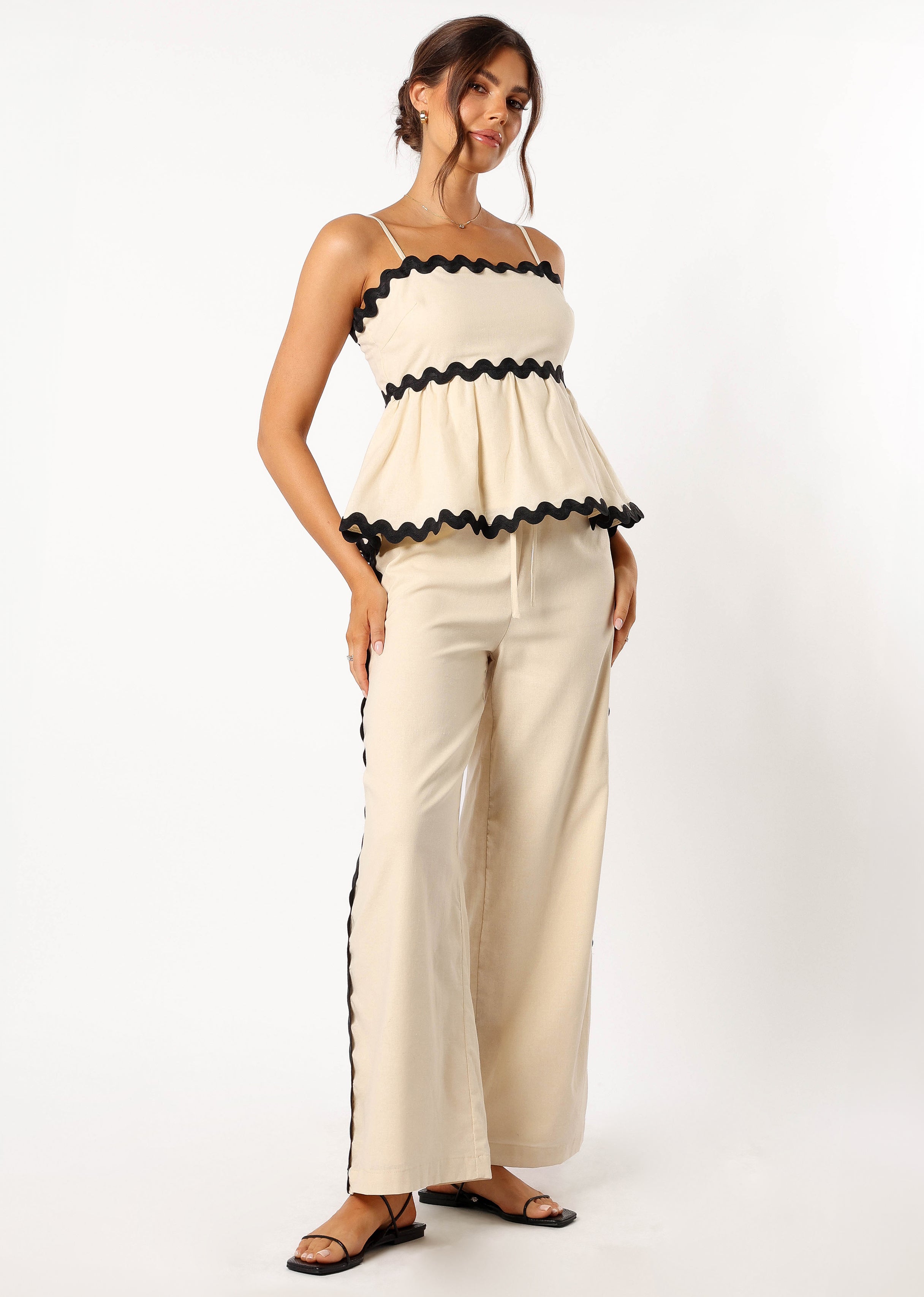 Women's High Waisted Cotton Wide Leg Pants - Mollymook Cream Black