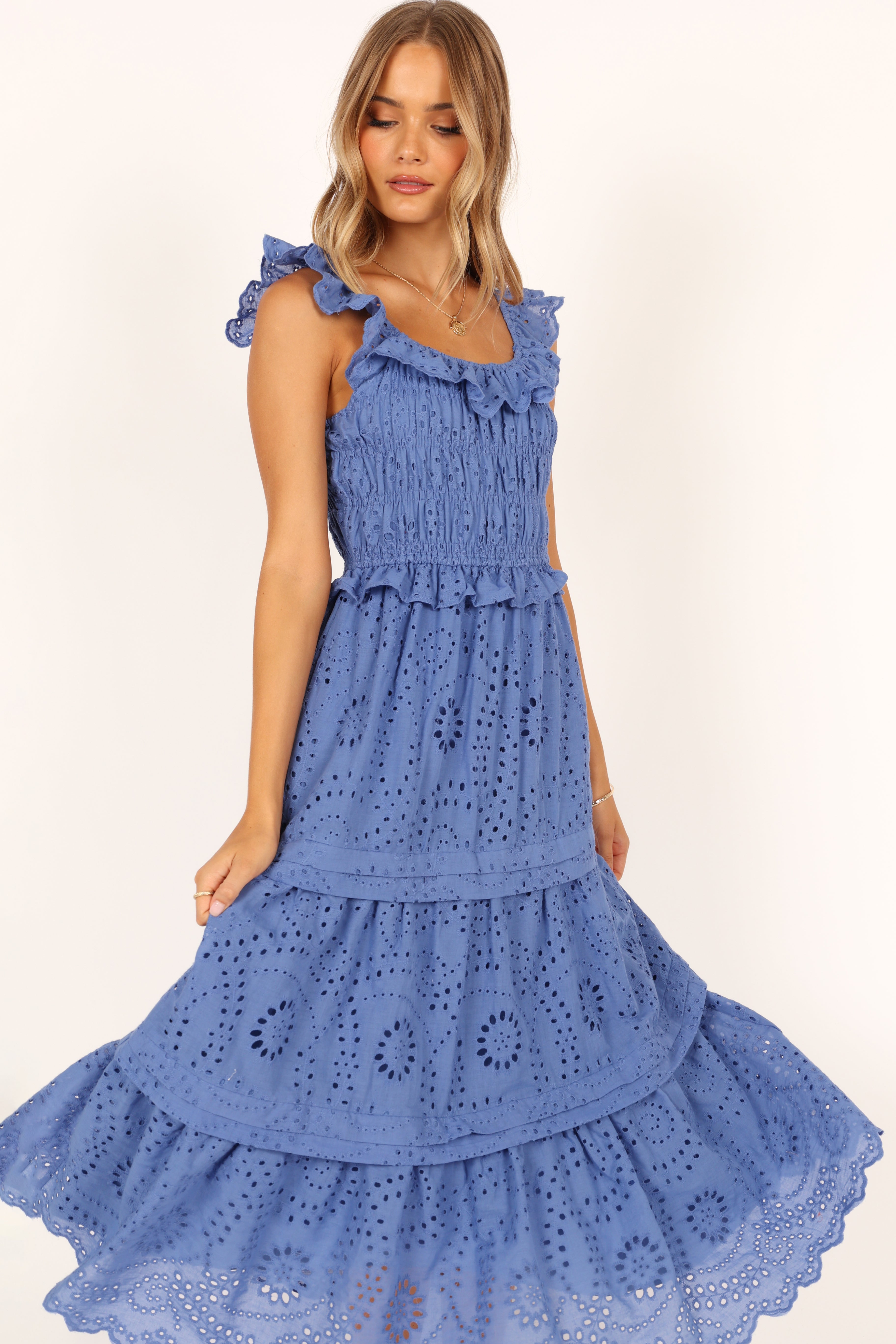 Finley Blue Cotton Maxi Dress with Tiered Skirt & Embroidery