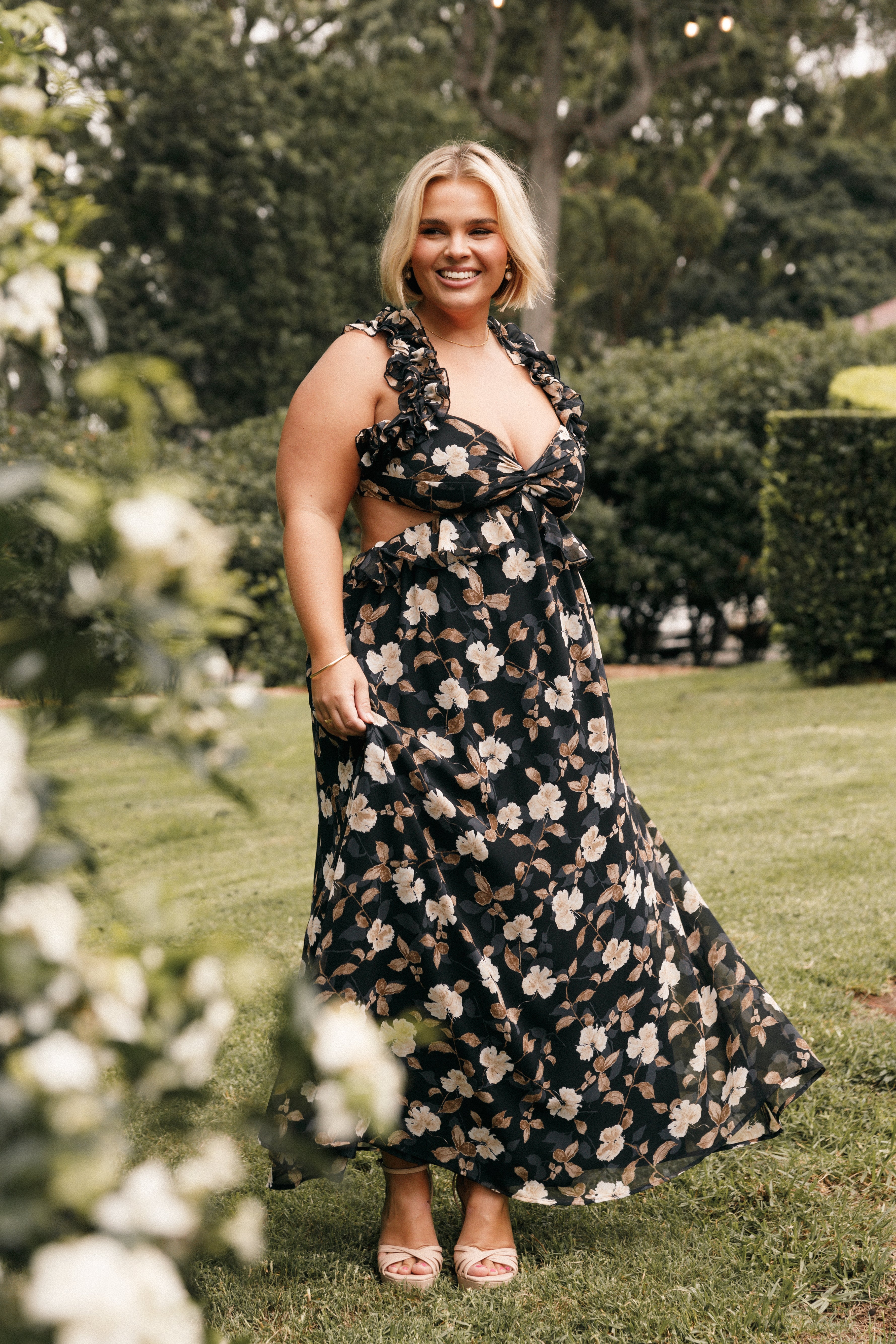Lucah Black Floral Maxi Dress with Frill Shoulder Detail