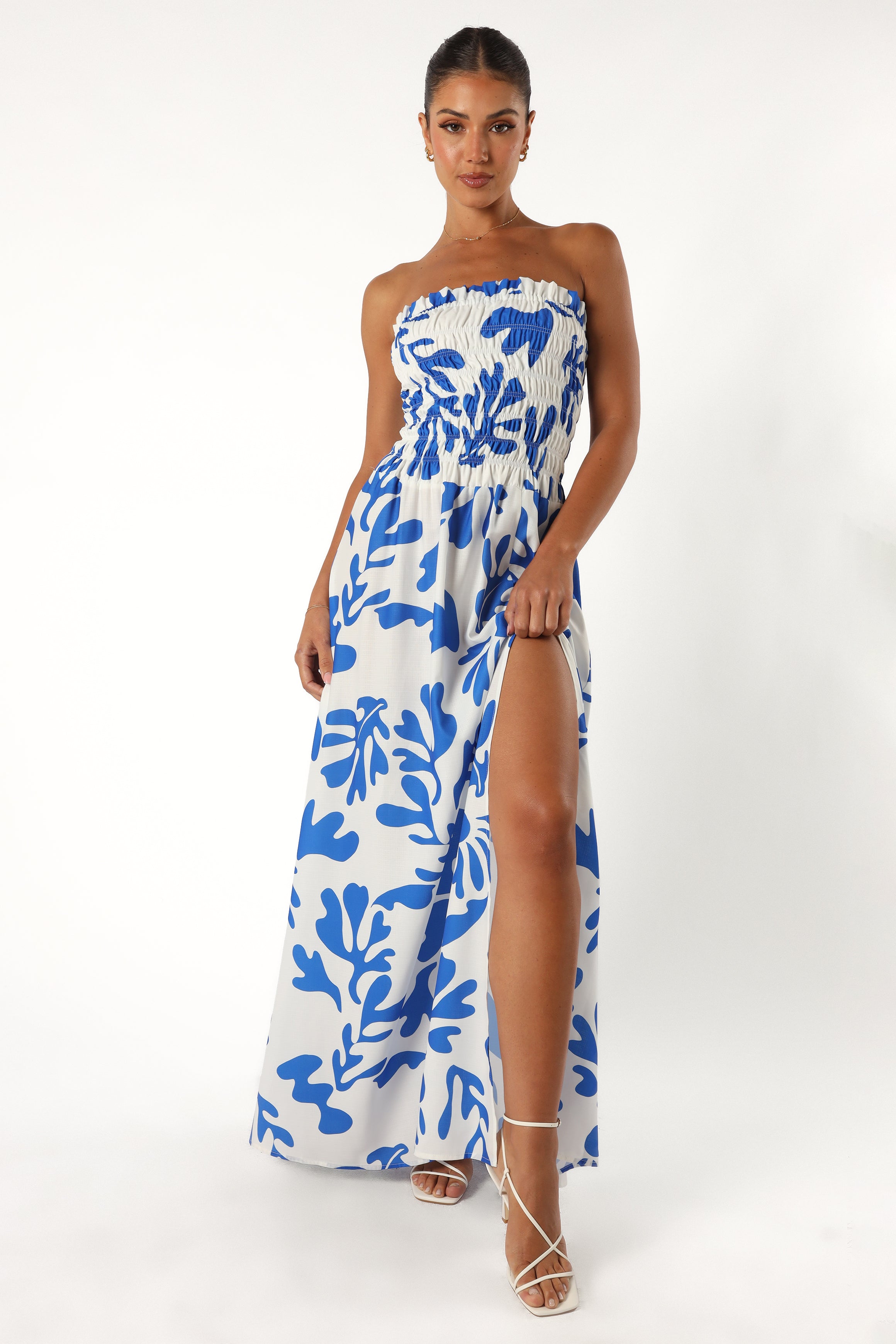 Botanica Print Mikaela Strapless Maxi Dress - Blue & White Floral