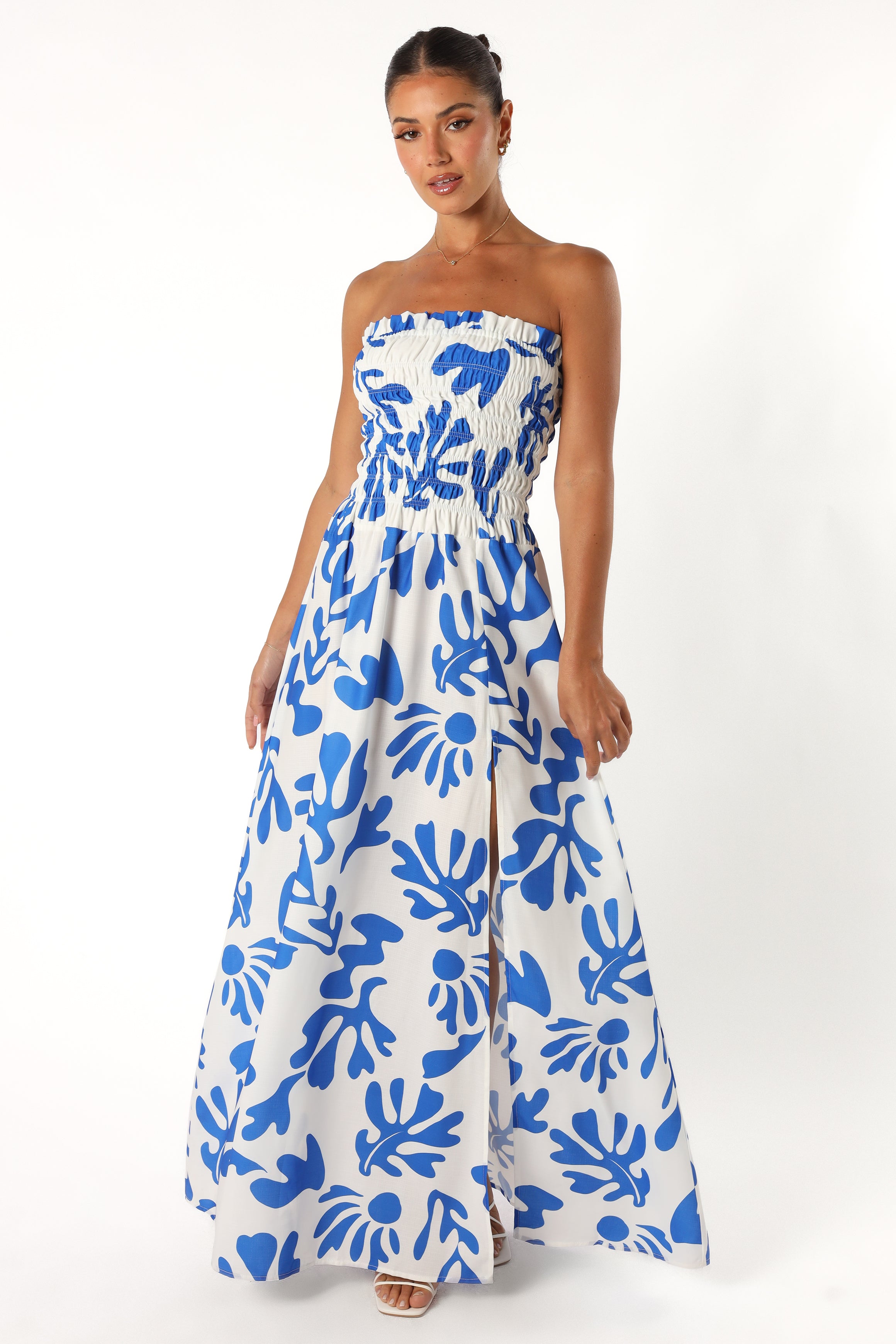 Botanica Print Mikaela Strapless Maxi Dress - Blue & White Floral
