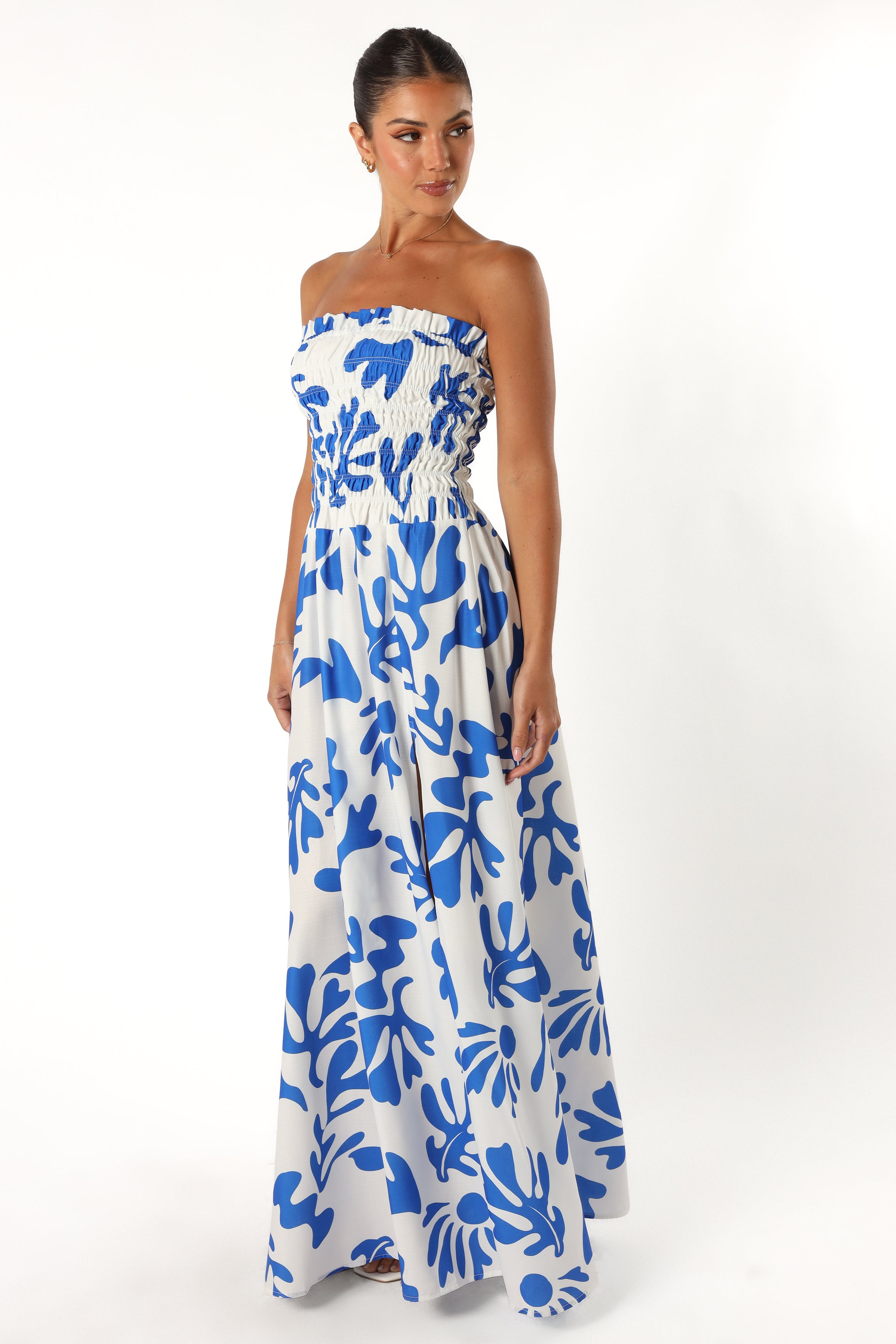 Botanica Print Mikaela Strapless Maxi Dress - Blue & White Floral