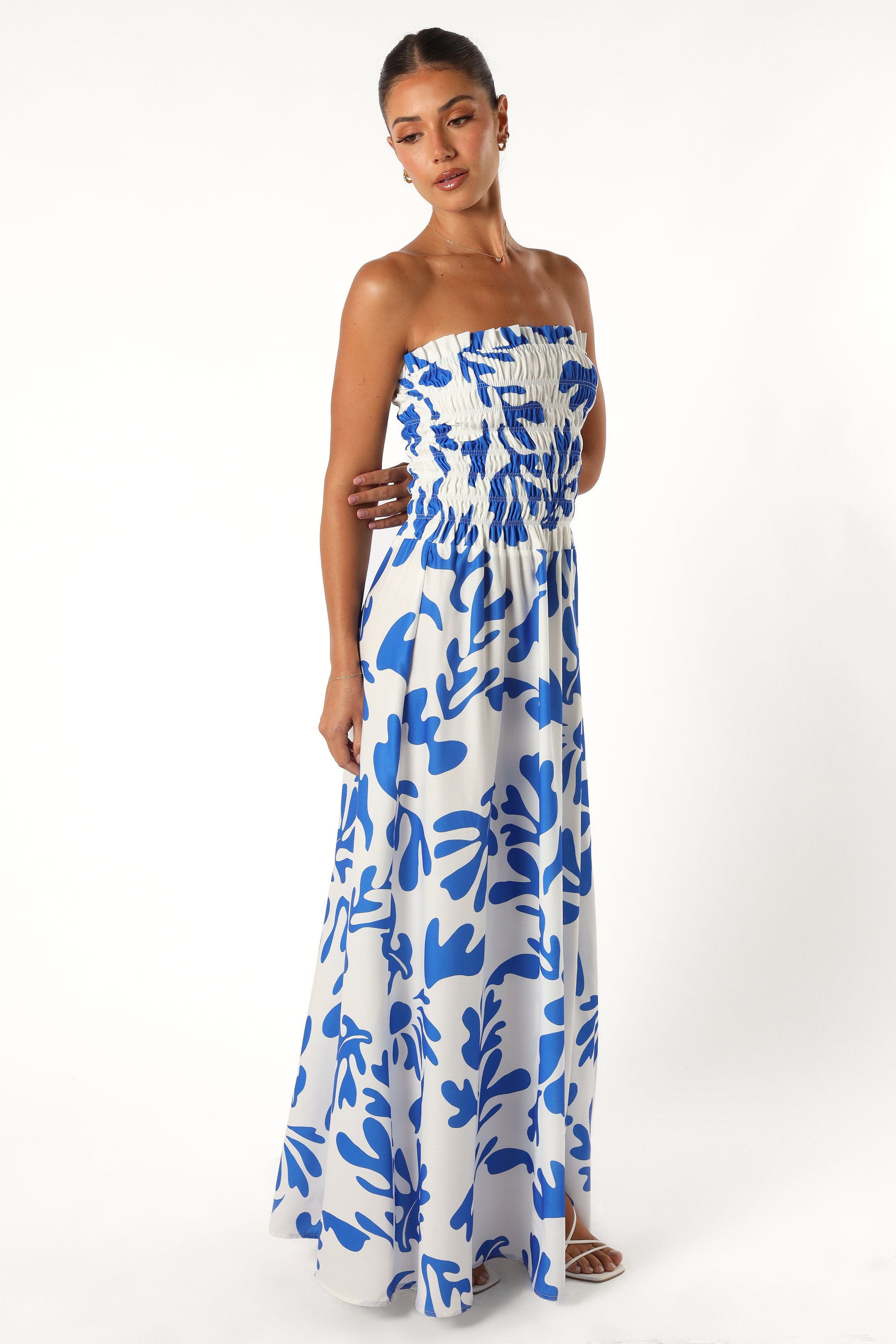 Botanica Print Mikaela Strapless Maxi Dress - Blue & White Floral