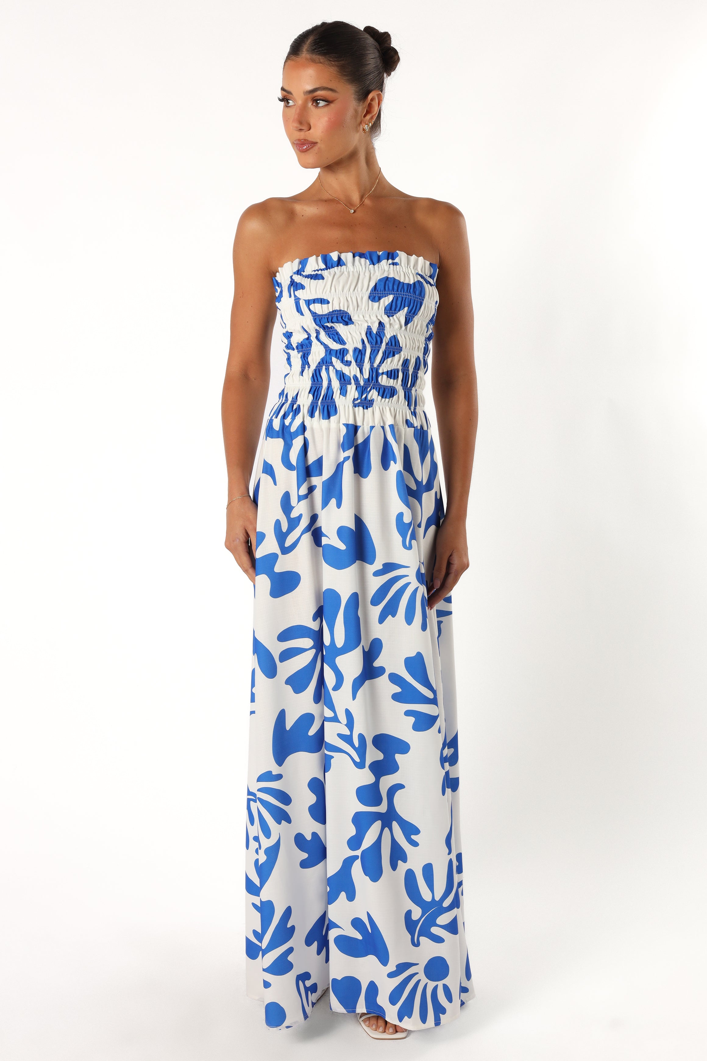 Botanica Print Mikaela Strapless Maxi Dress - Blue & White Floral