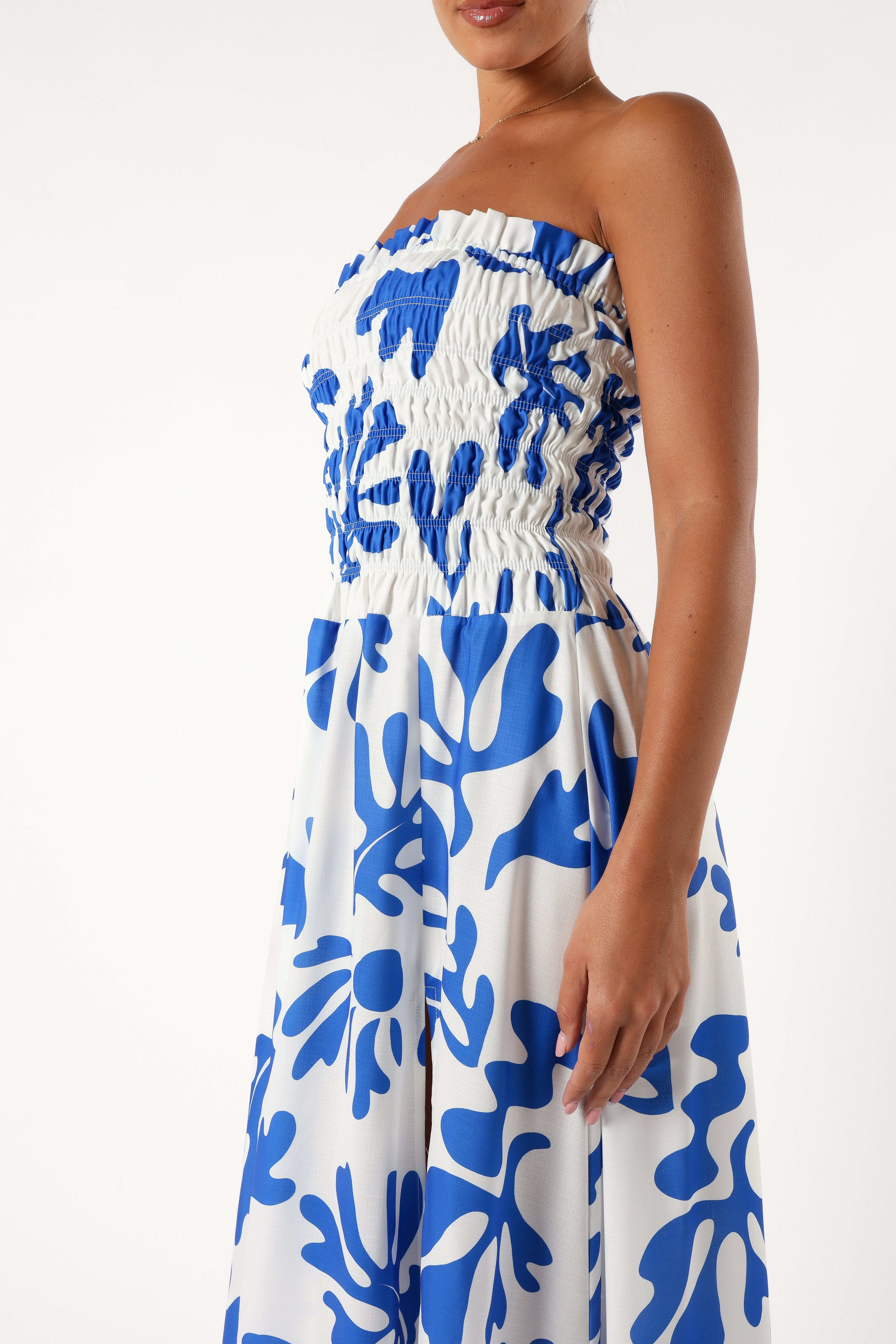 Botanica Print Mikaela Strapless Maxi Dress - Blue & White Floral