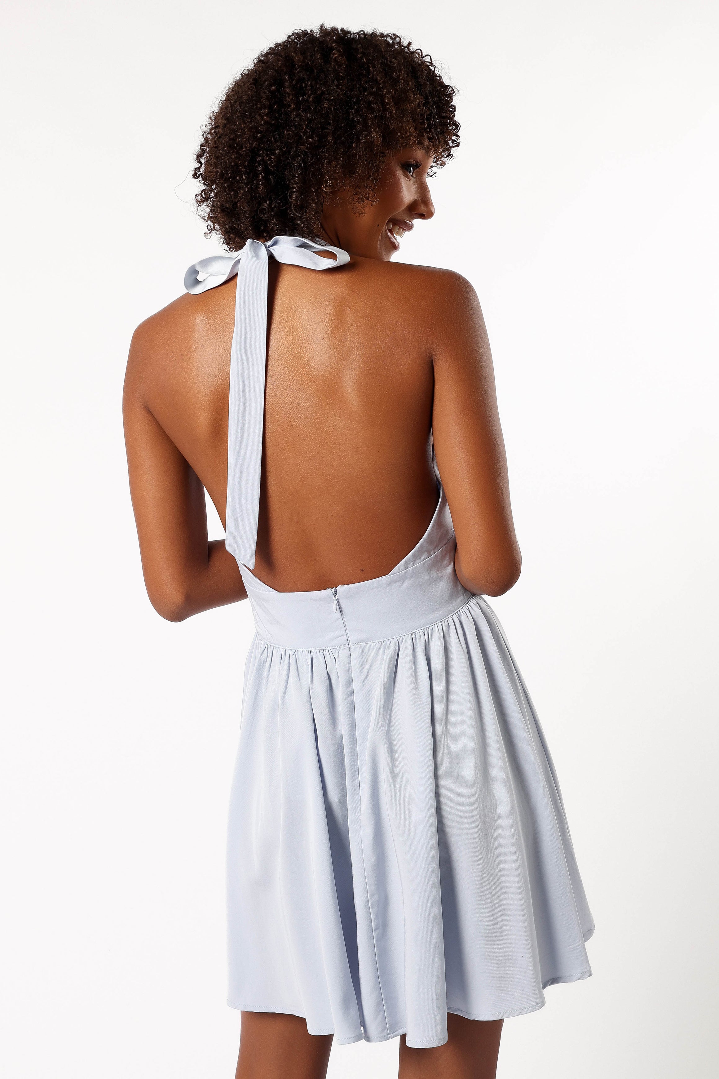 Light Blue Halterneck Mini Dress with Bow Detail & Open Back