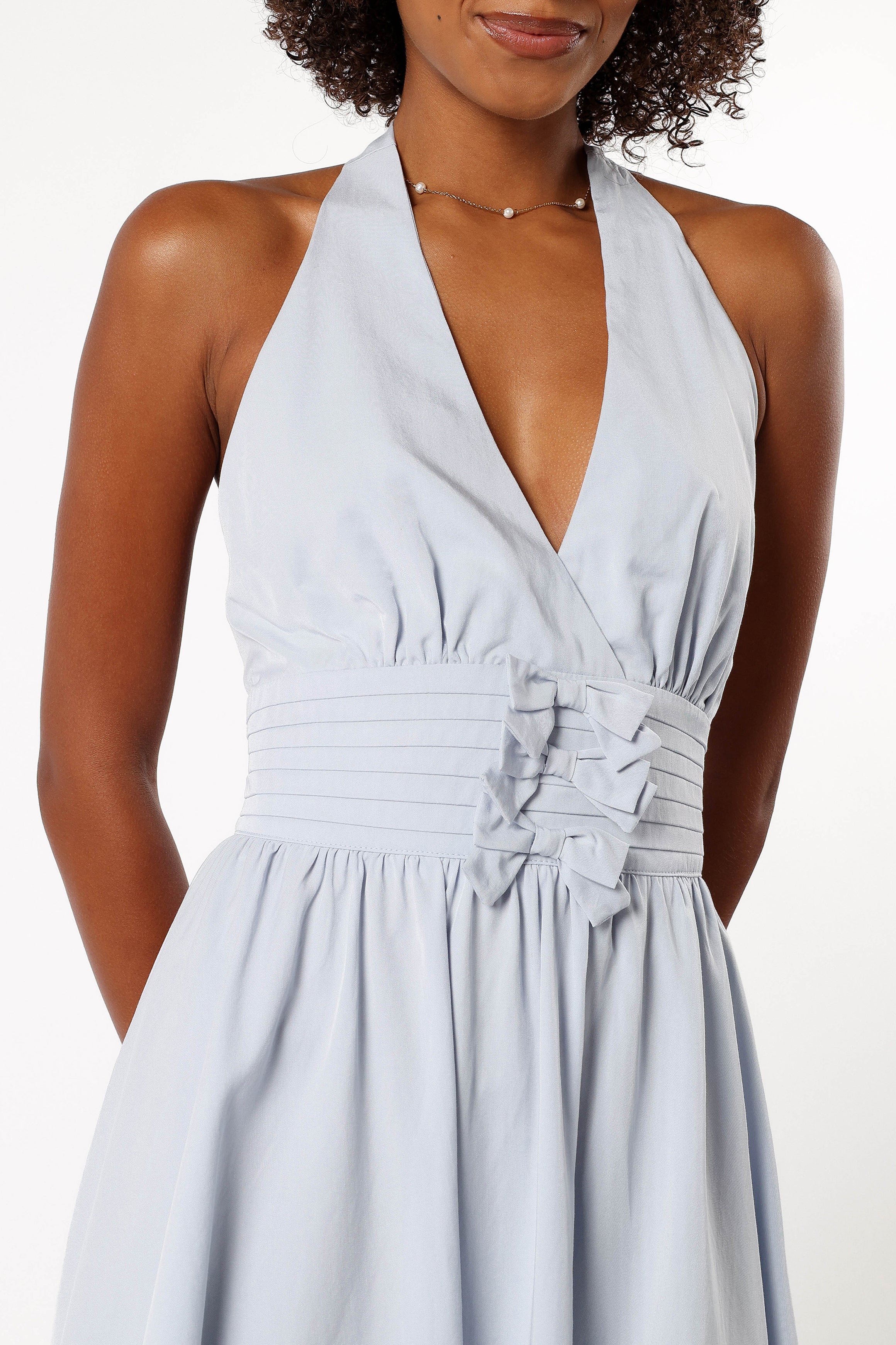 Light Blue Halterneck Mini Dress with Bow Detail & Open Back