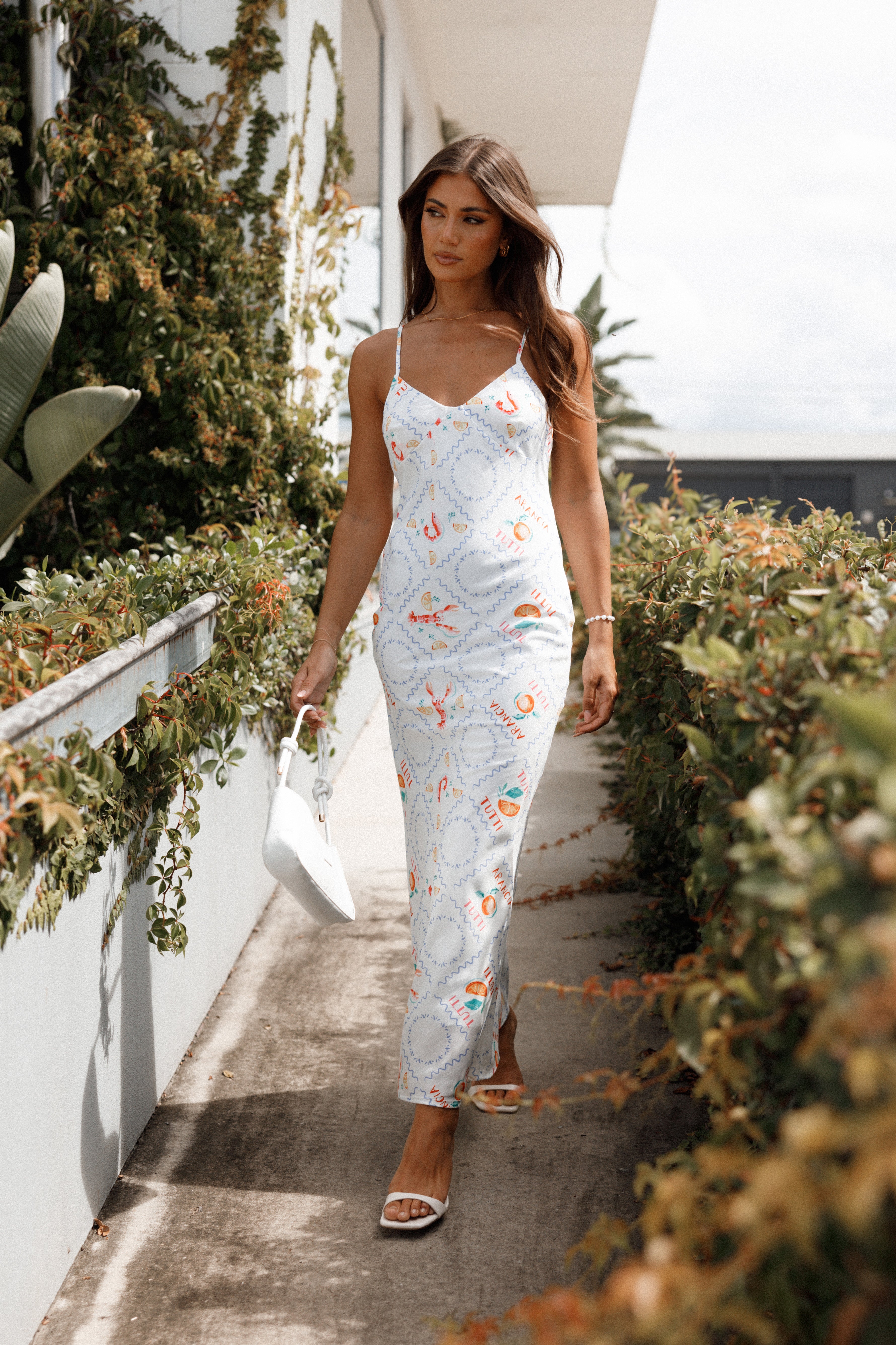 Surri White Midi Slip Dress with V-Neck & Adjustable Straps
