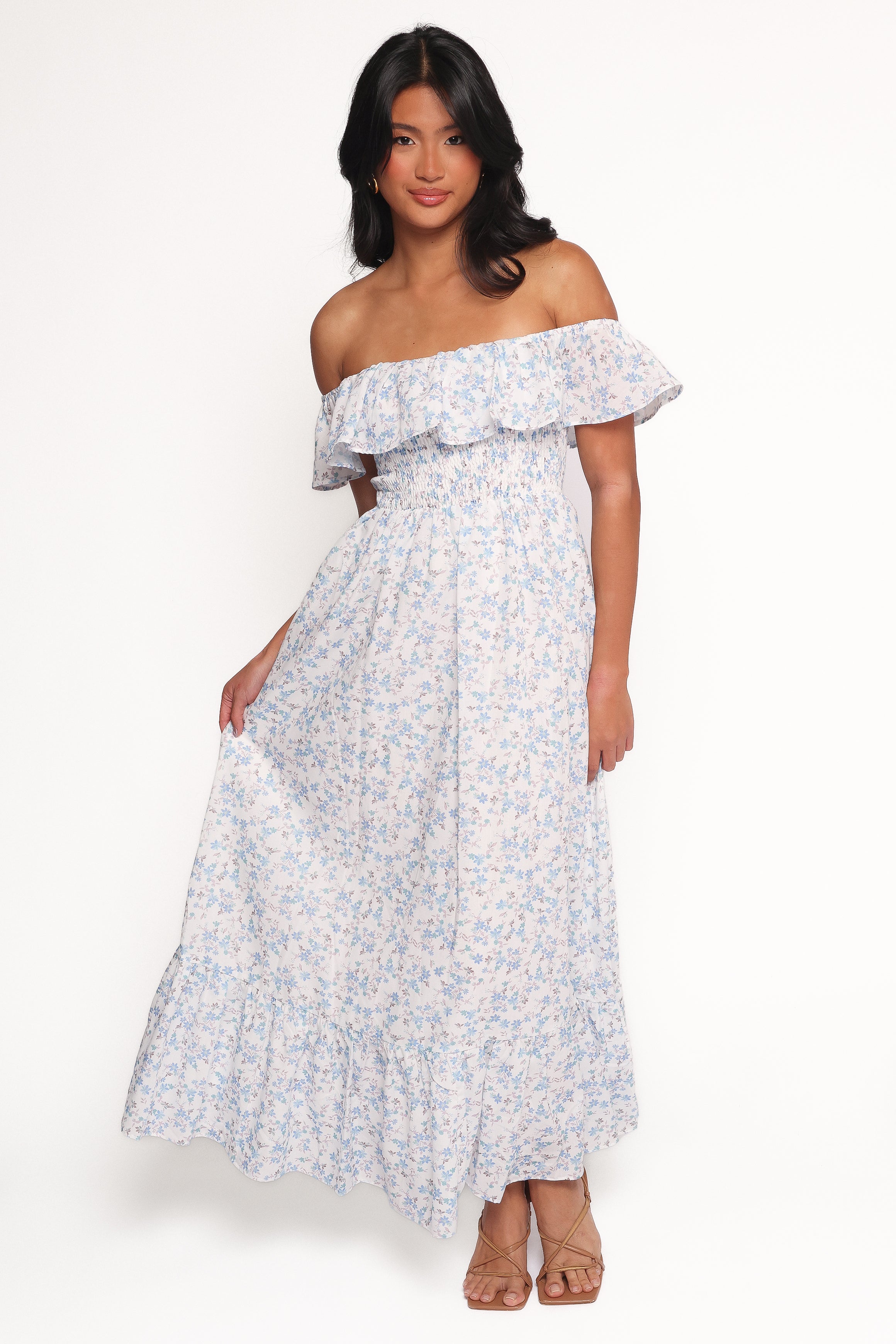 Blue Floral Strapless Midi Dress - Cotton Off-Shoulder Summer Dress