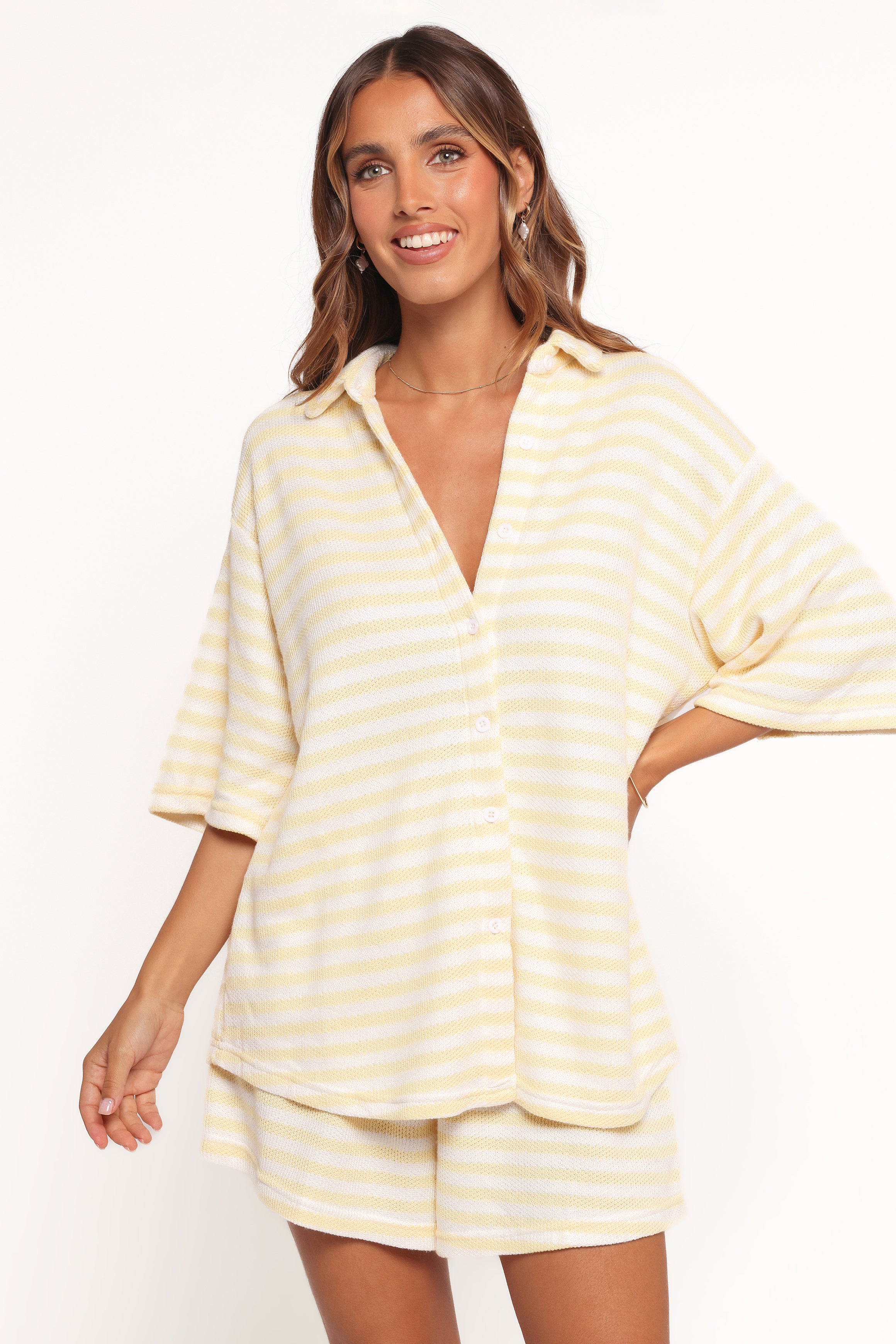 Yellow Stripe Cotton Knit Shorts Set - Button Front Top & High Waist Shorts
