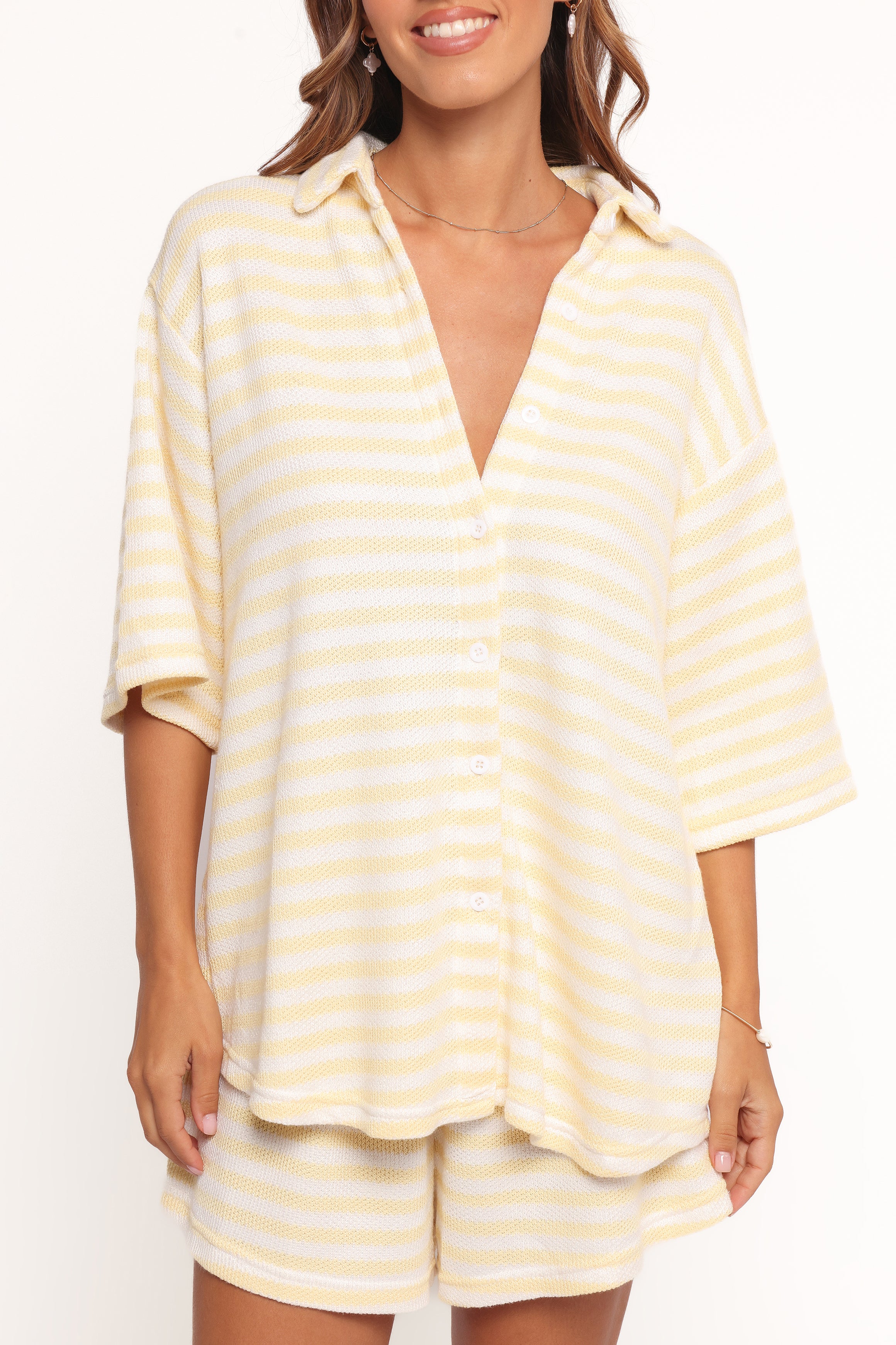 Yellow Stripe Cotton Knit Shorts Set - Button Front Top & High Waist Shorts