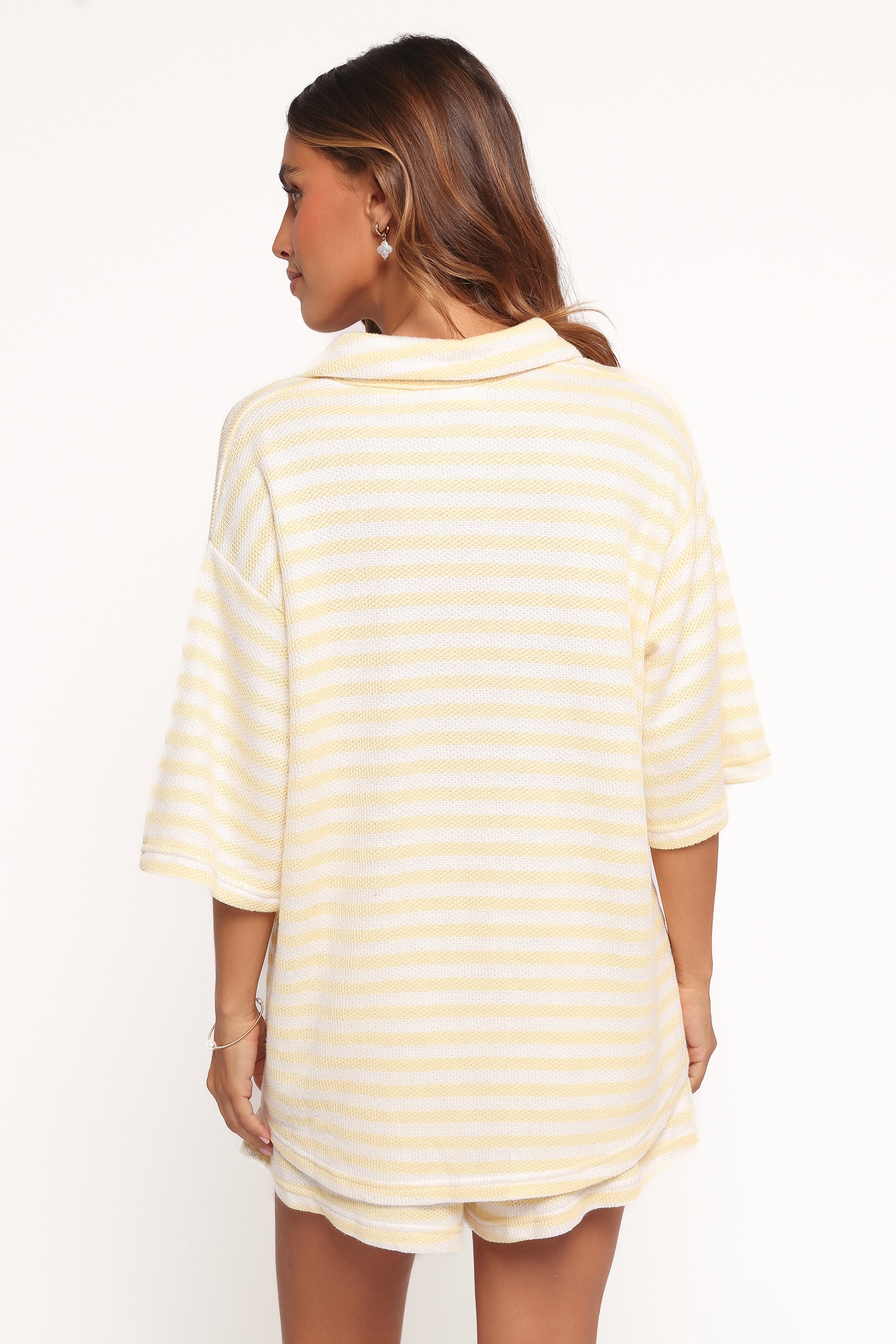 Yellow Stripe Cotton Knit Shorts Set - Button Front Top & High Waist Shorts