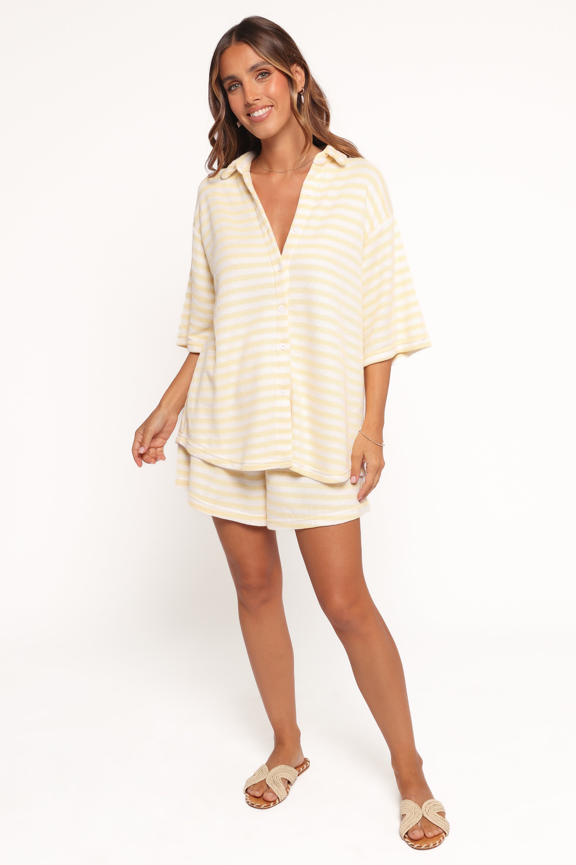 Yellow Stripe Cotton Knit Shorts Set - Button Front Top & High Waist Shorts