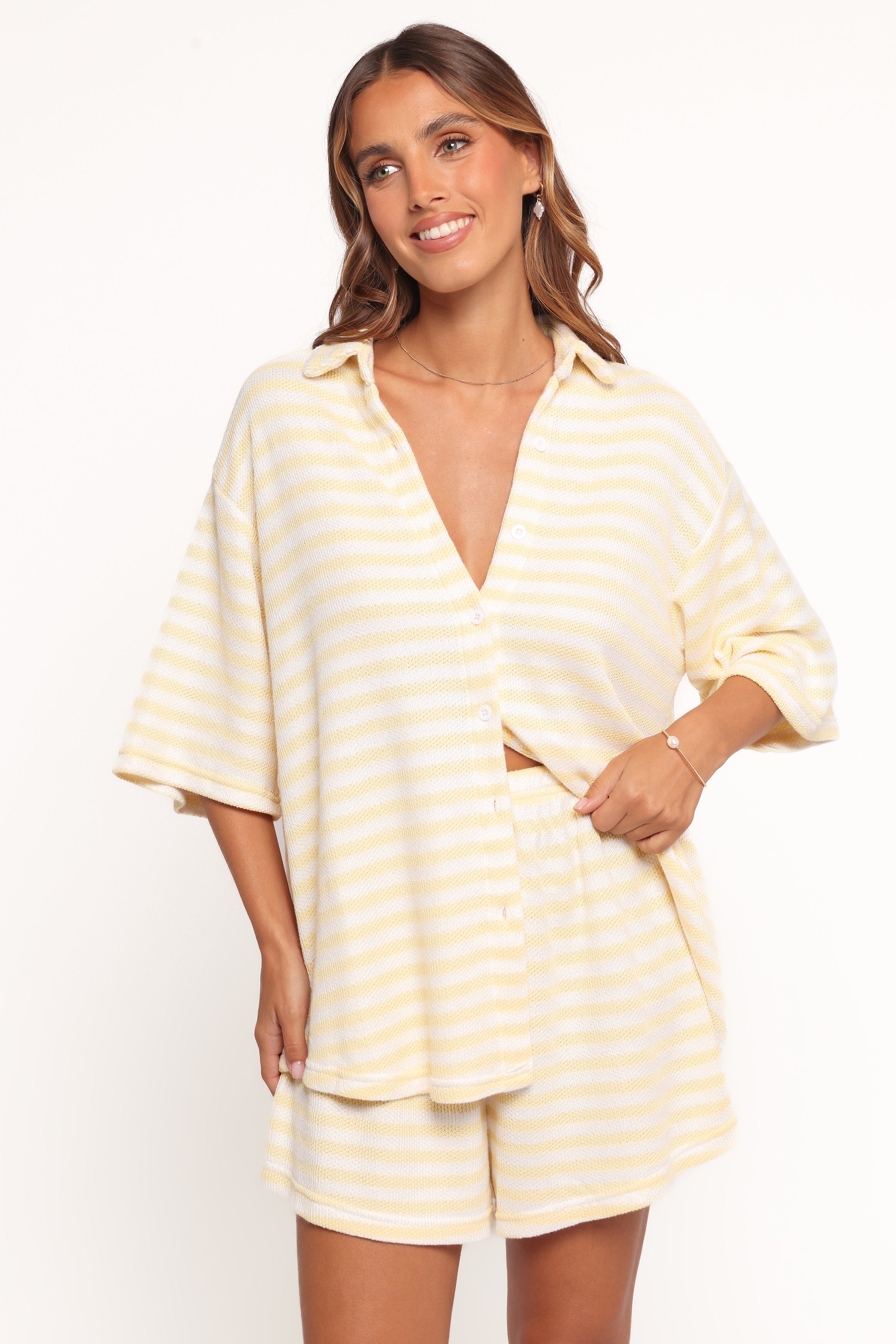 Yellow Stripe Cotton Knit Shorts Set - Button Front Top & High Waist Shorts
