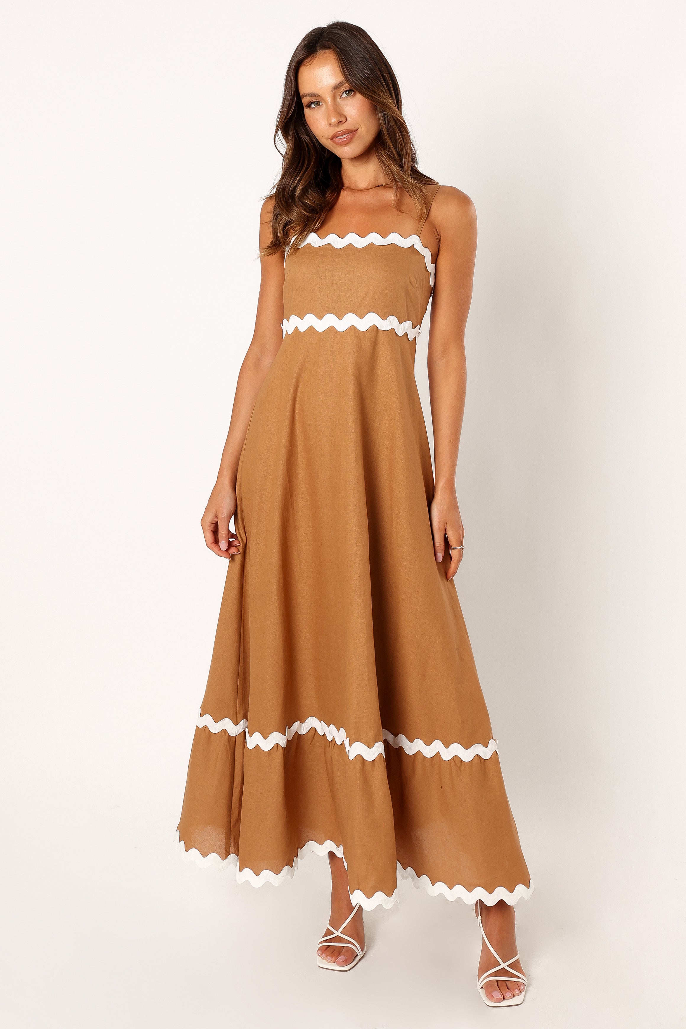 Yana Strappy Maxi Dress in Tan White - Adjustable & Lined