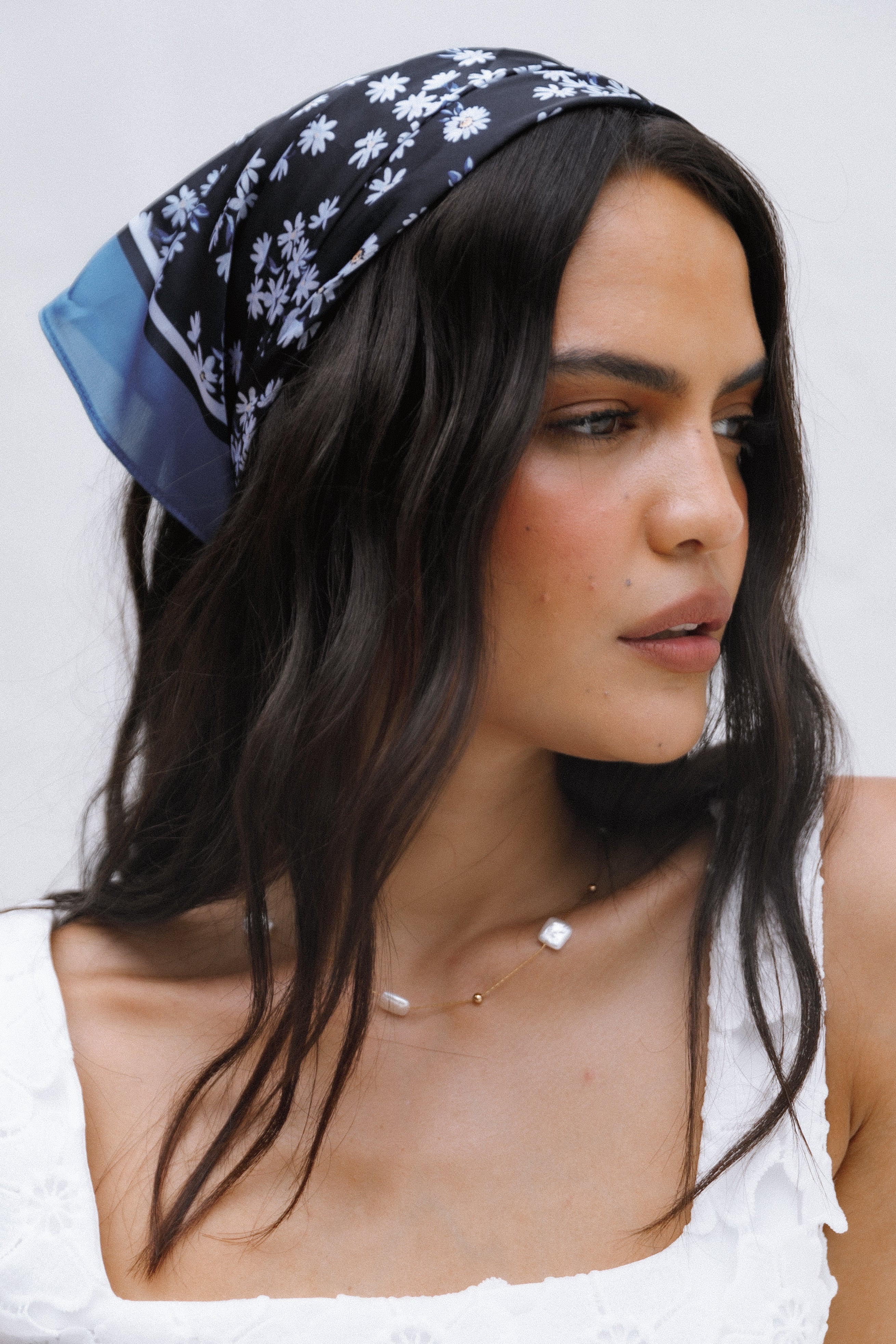 Floral Hair Scarf Vanessa - Dark Print Satin Square Wrap