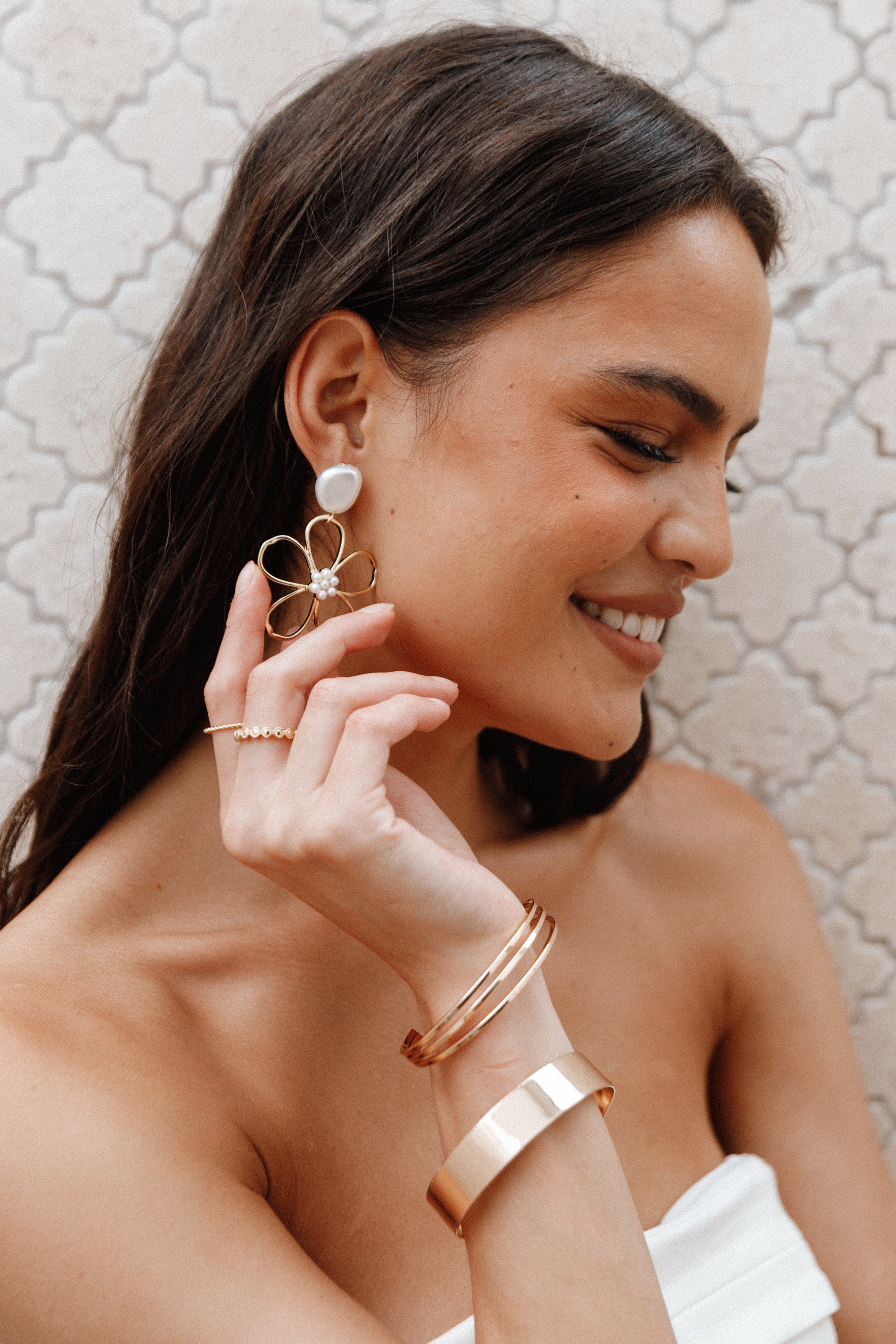Gold Pearl Flower Earrings – Adeline Statement Studs