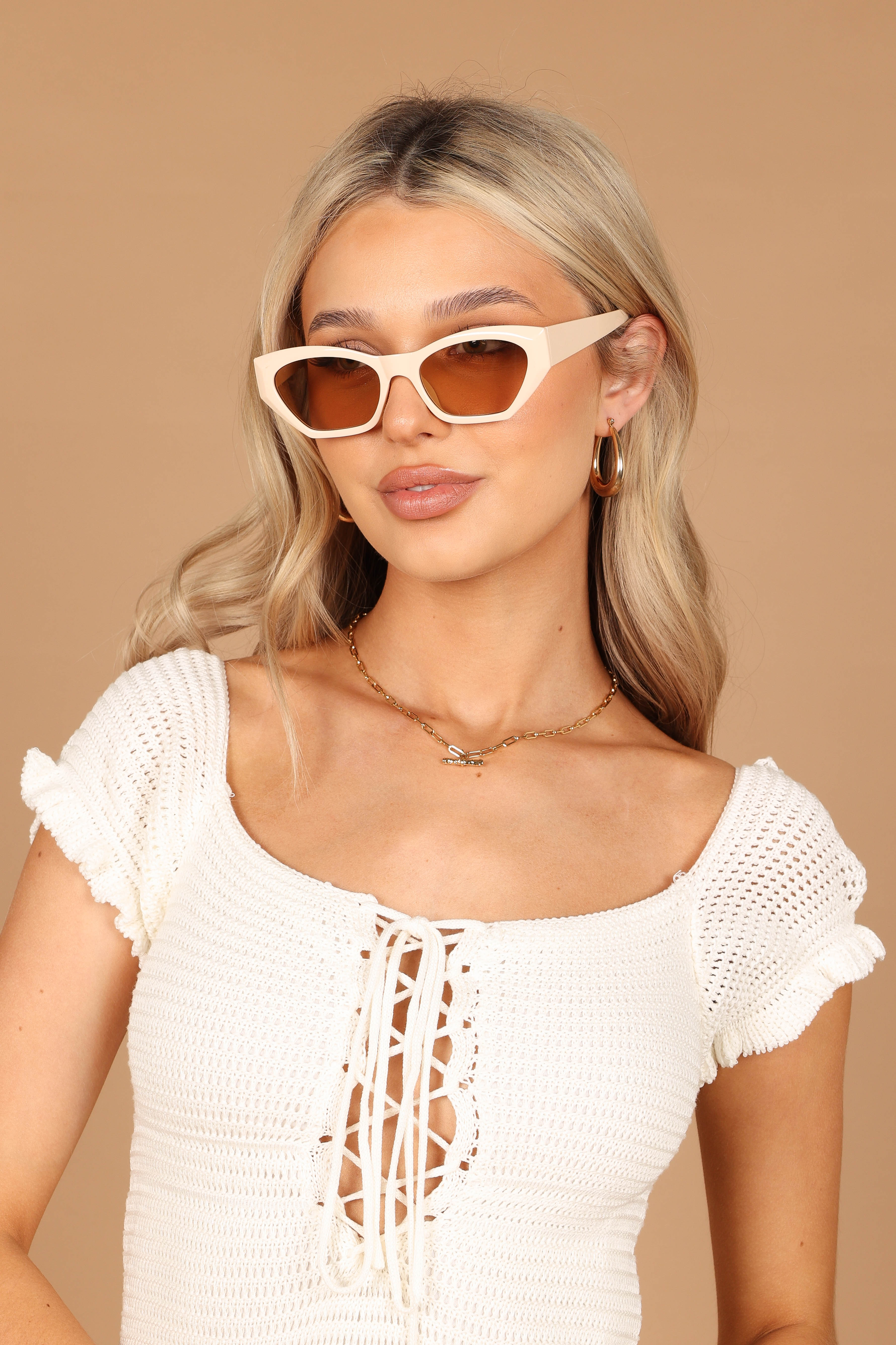 Beige Cat Eye Sunglasses by Augie - Brown Glass Lenses