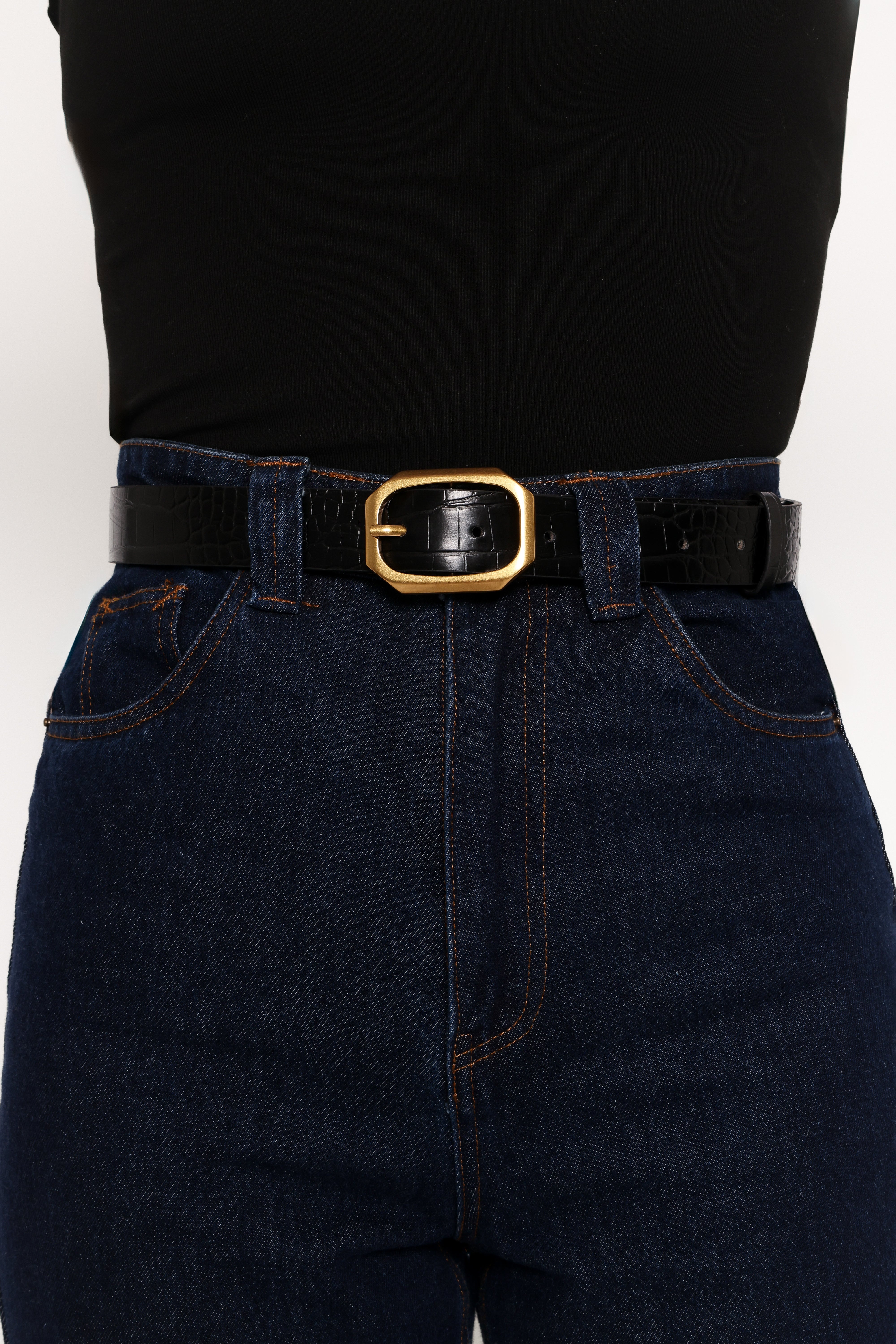 Black Faux Crocodile Leather Belt with Gold Buckle – Lucca