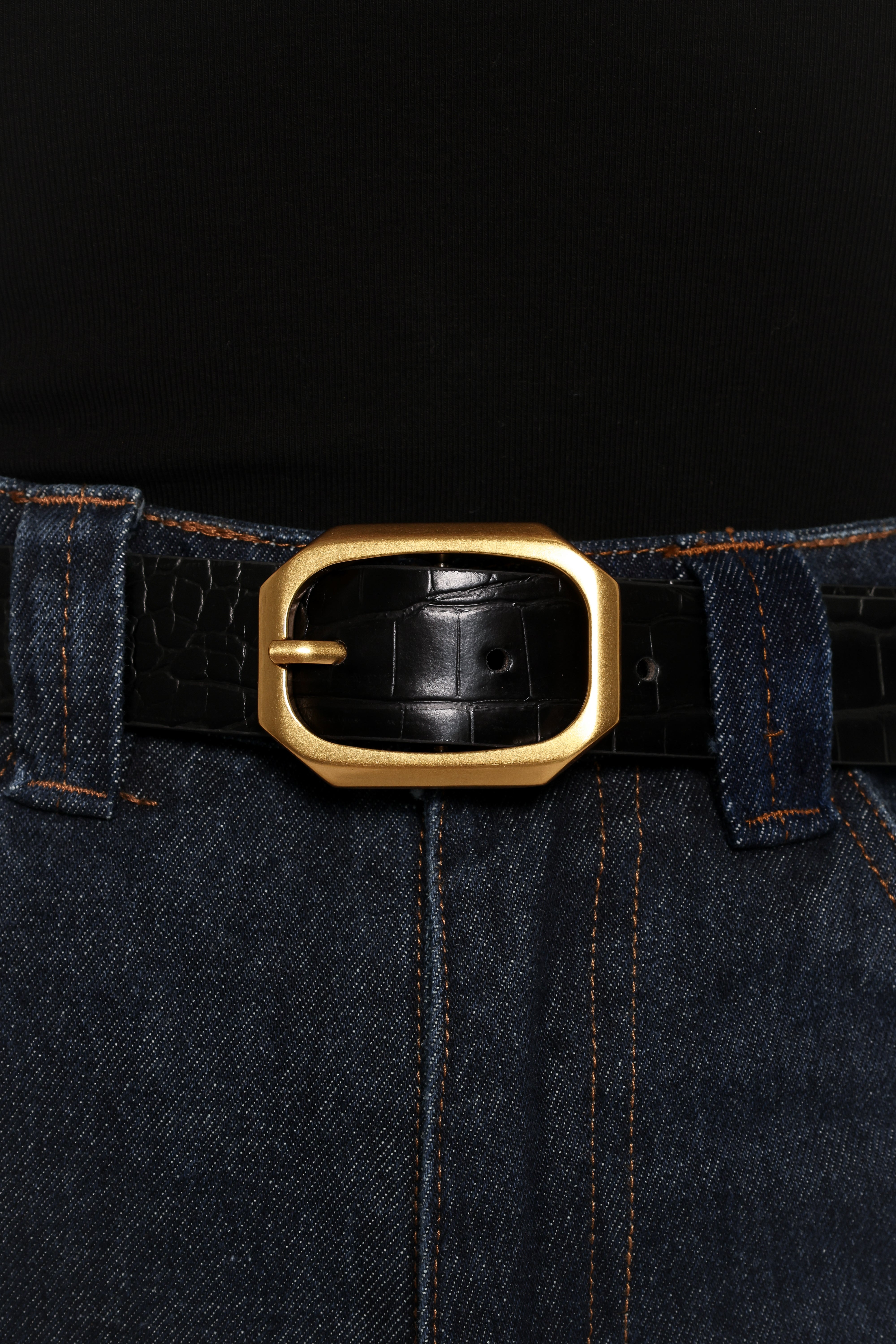 Black Faux Crocodile Leather Belt with Gold Buckle – Lucca