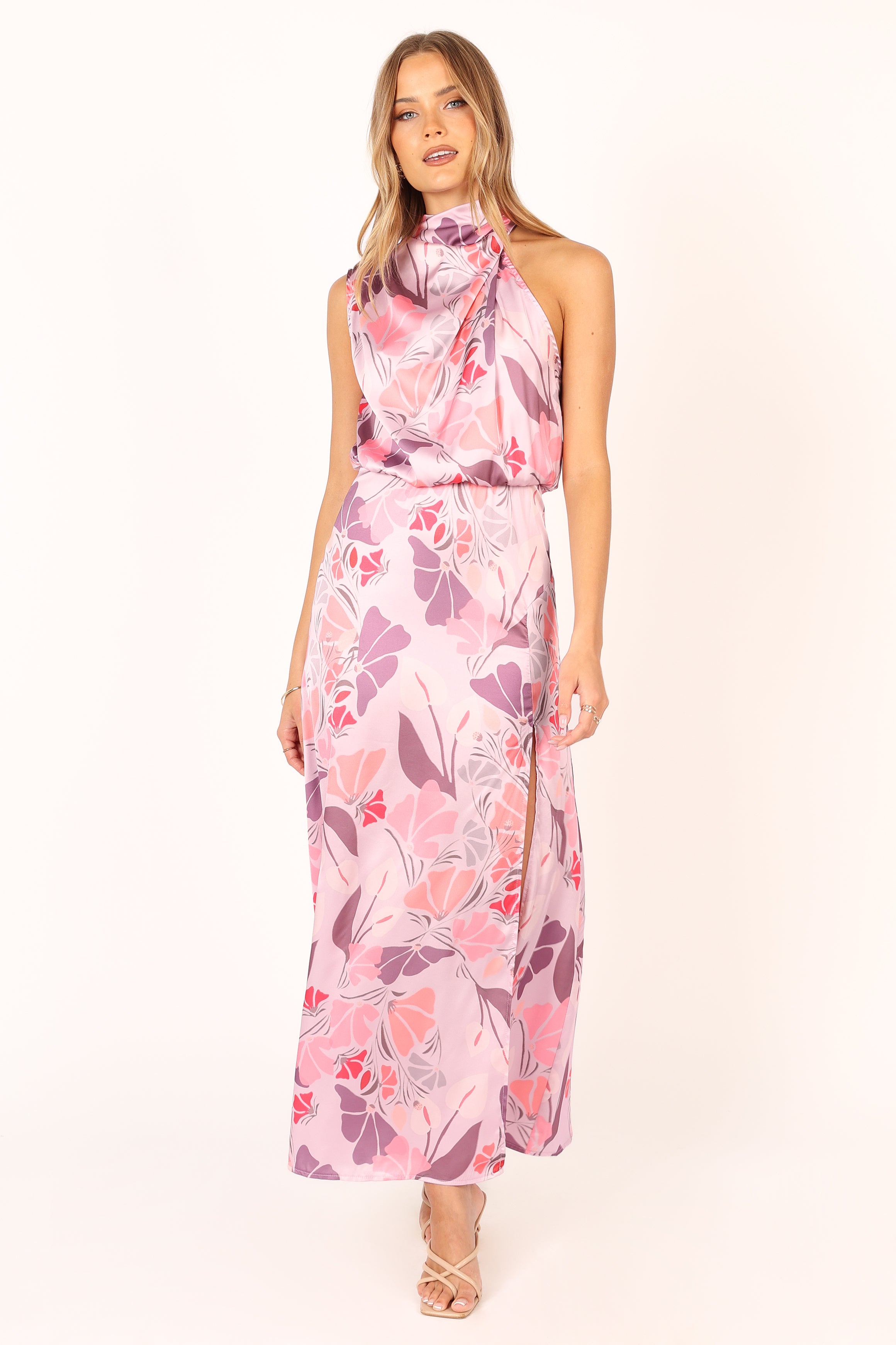 Pink Floral Halterneck Maxi Dress - Sleeveless with Elastic Waist