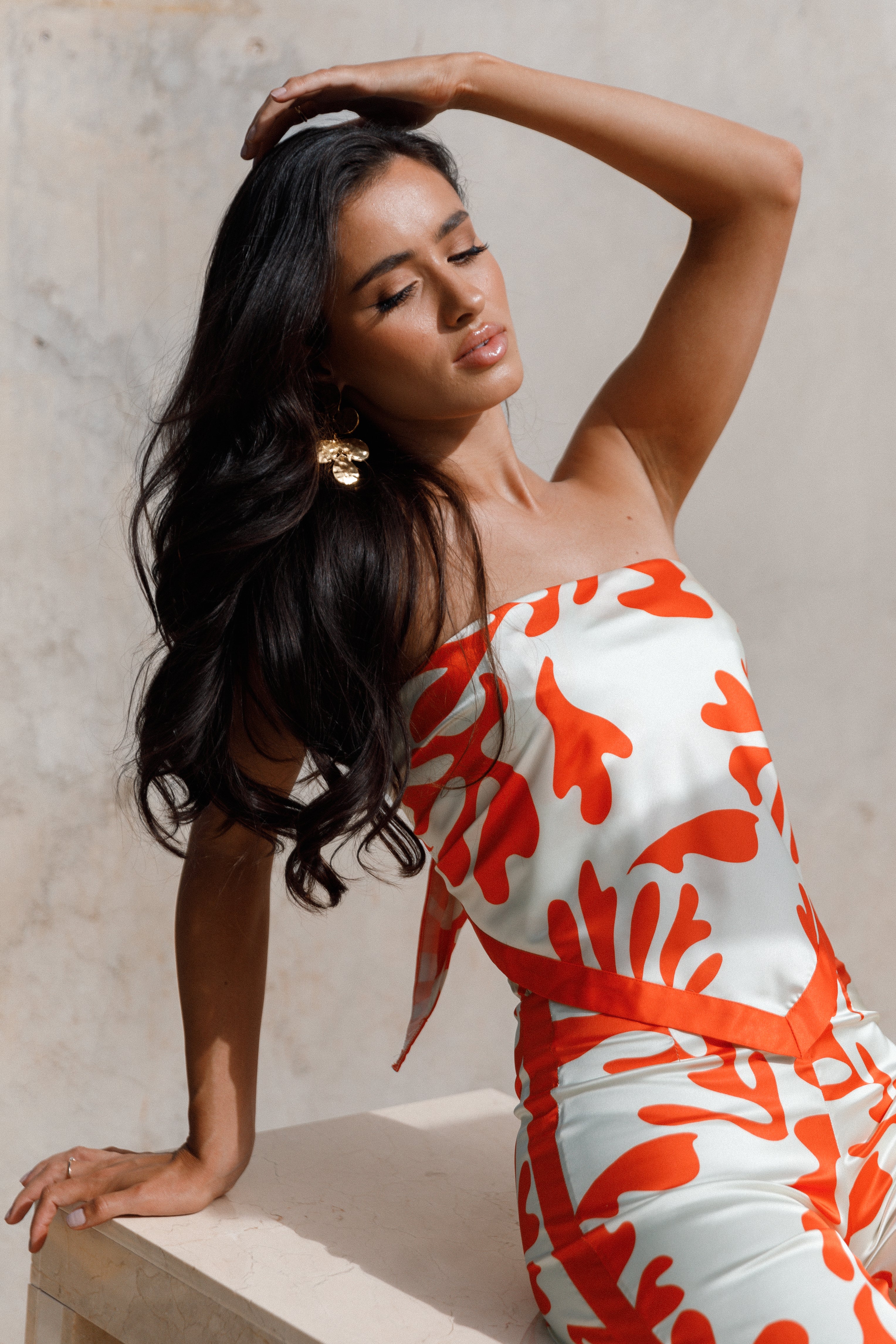Floral Print Strapless Scarf Top - Akeli Orange Botanica