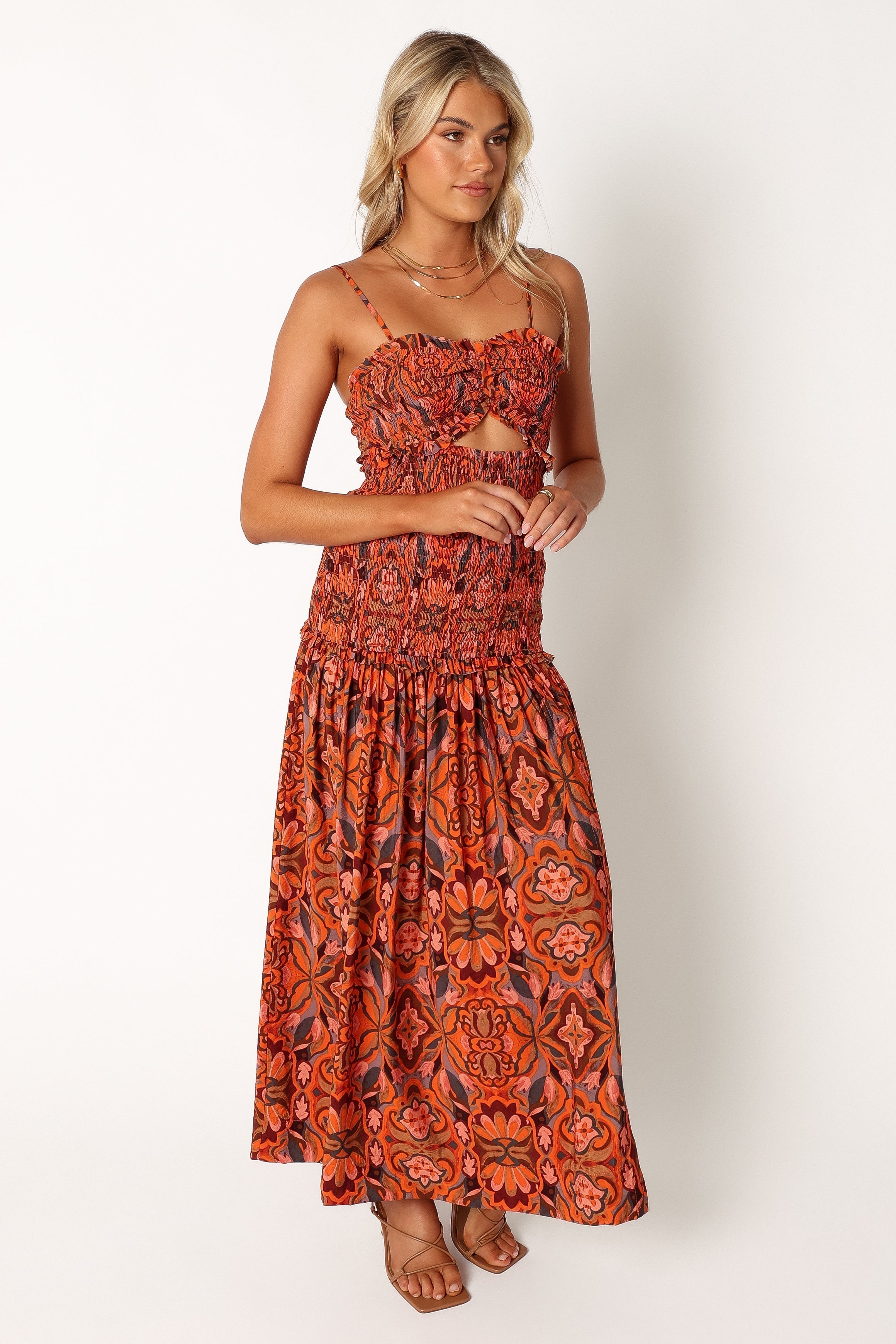 Floral Print Midi Dress with Sweetheart Neckline & Cut Out Detail - Cecil