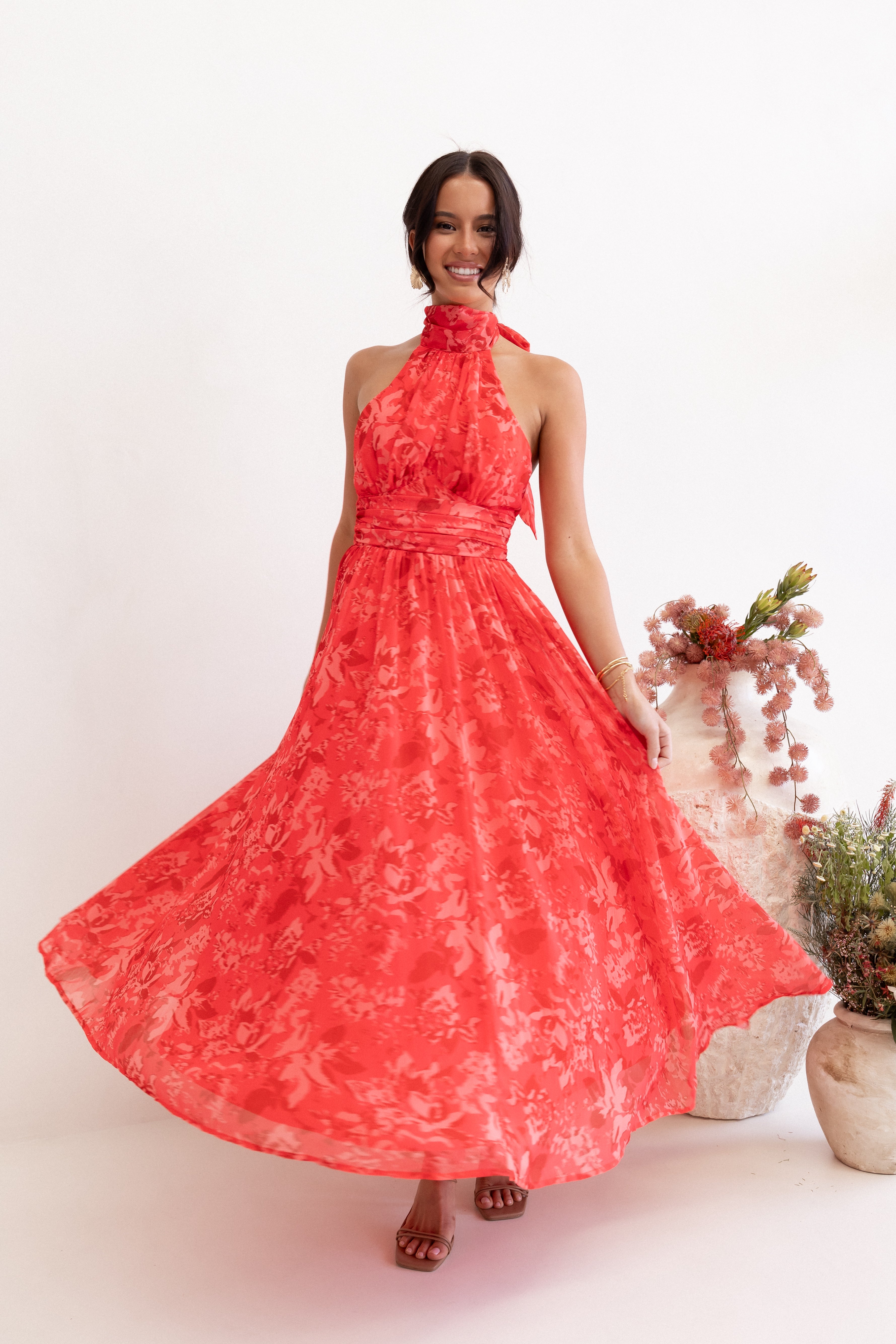 Red Floral Halterneck Maxi Dress with Open Back & Ruched Waist